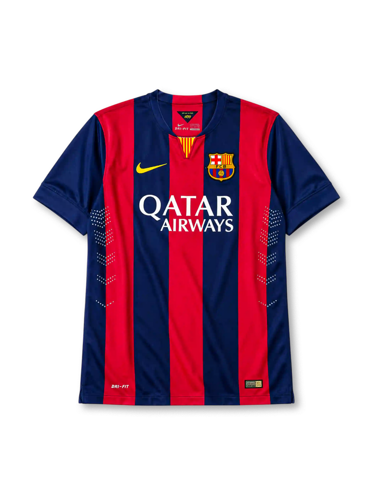 Barcelona 2014/15 home football shirt by Nike with Qatar Airways sponsor logo and FCB crest