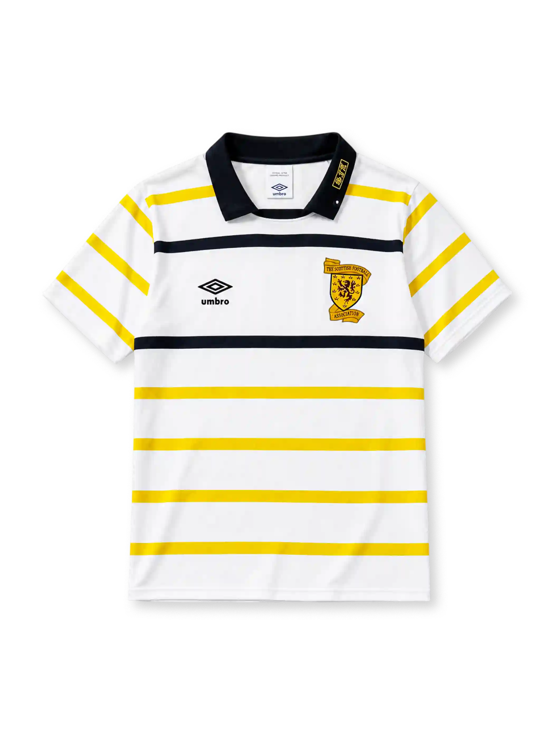 Scotland 1988/91 away football shirt by Umbro with navy and yellow stripes and SFA crest