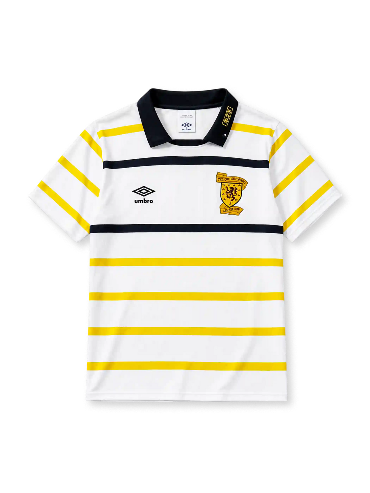 Scotland 1988/91 away football shirt by Umbro with navy and yellow stripes and SFA crest