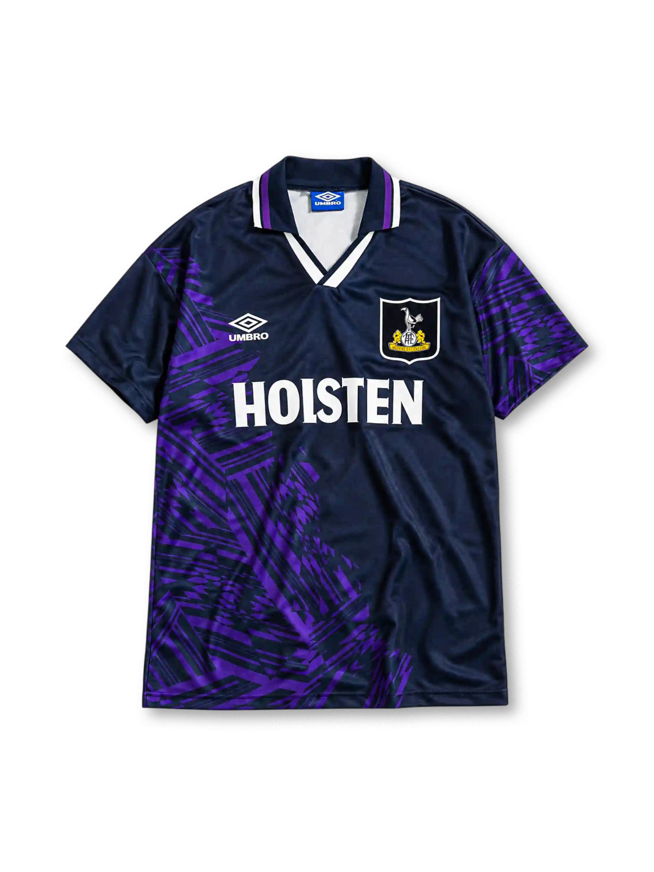 Tottenham Hotspur 1994/95 away football shirt by Umbro with purple print and Holsten sponsor logo