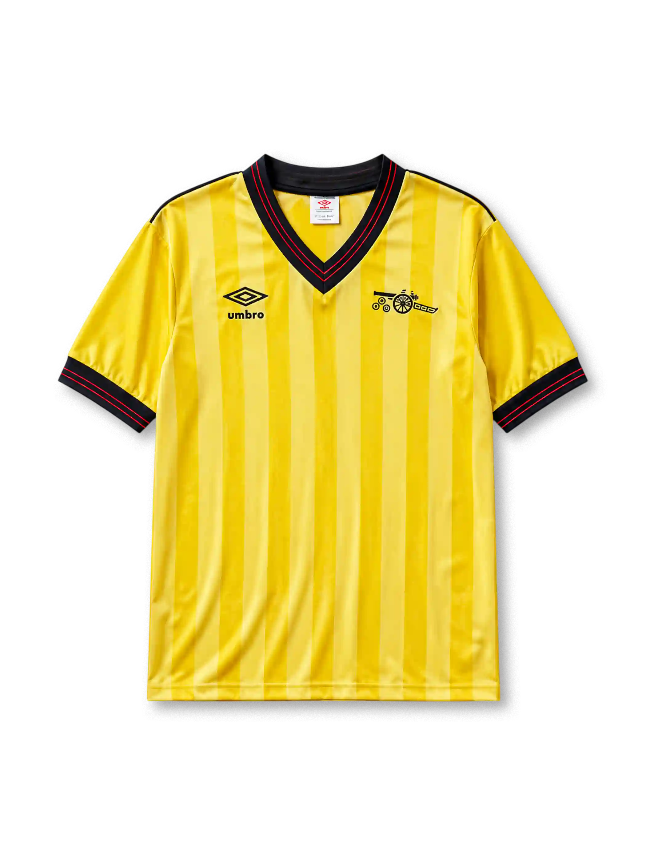 Arsenal 1983/86 away football shirt by Umbro in yellow and black stripes with cannon crest