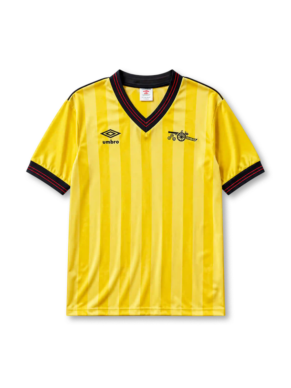 Arsenal 1983/86 away football shirt by Umbro in yellow and black stripes with cannon crest