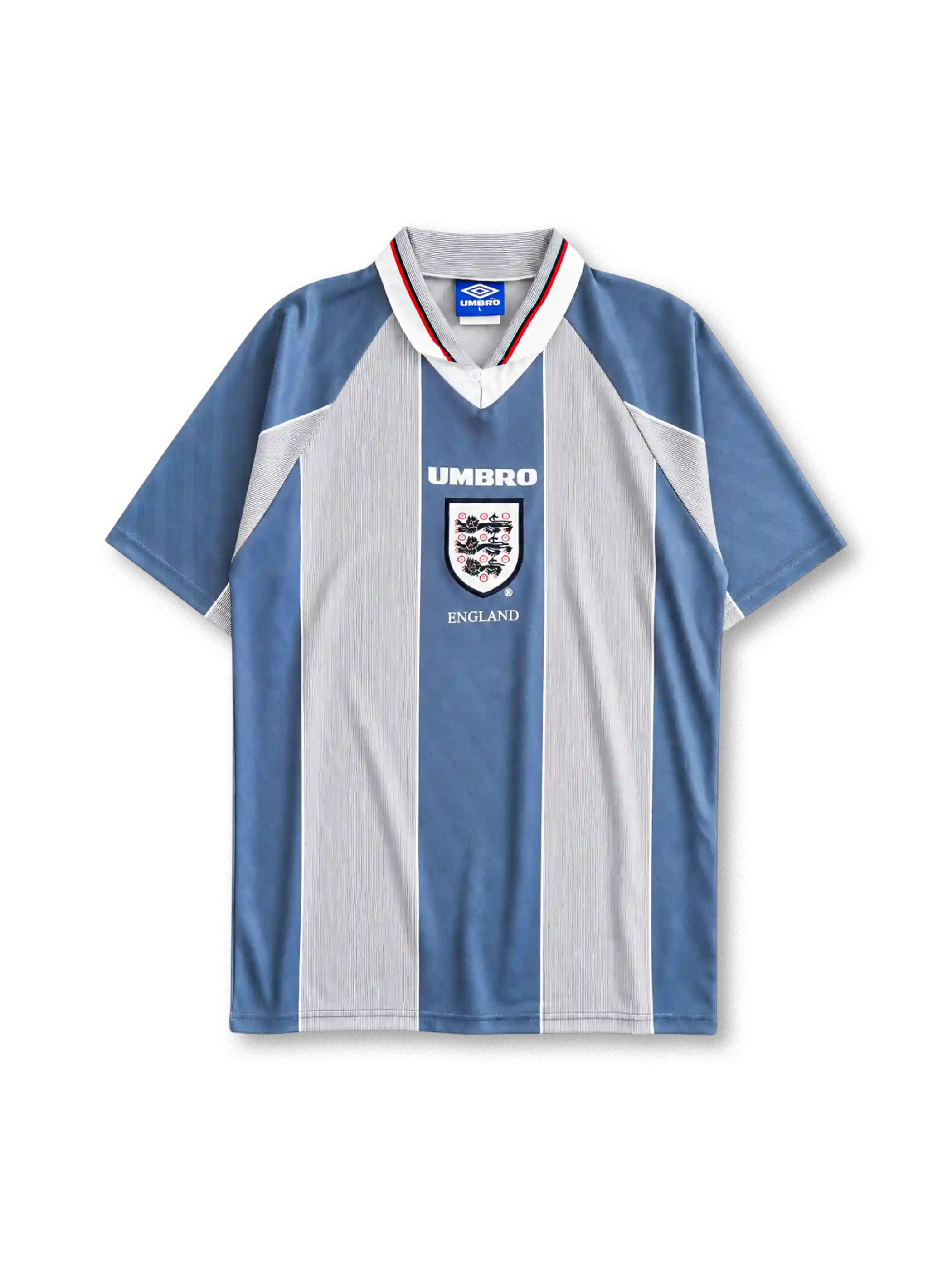 England 1996 away football shirt by Umbro with vertical stripes and Three Lions crest