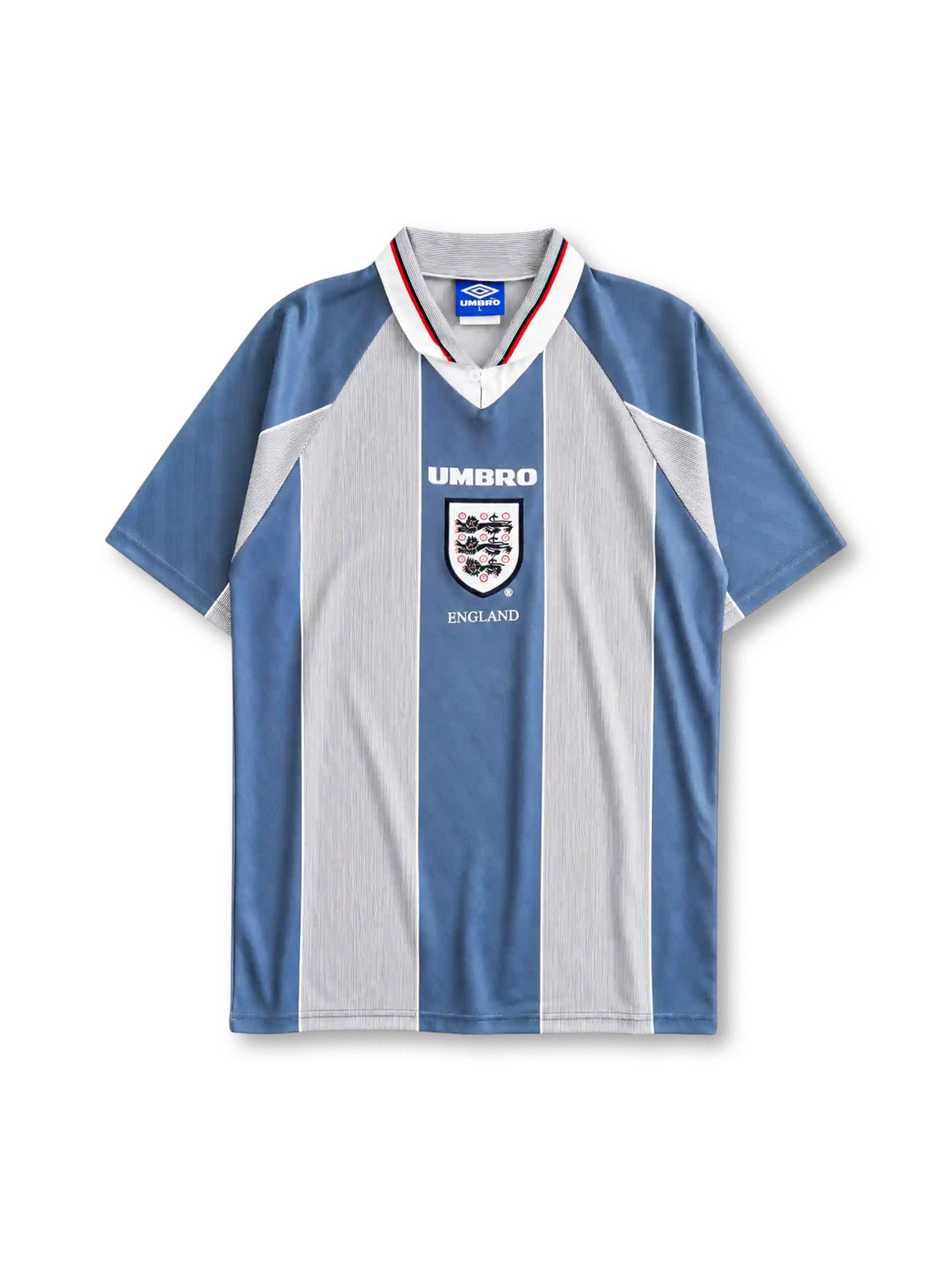England 1996 away football shirt by Umbro with vertical stripes and Three Lions crest