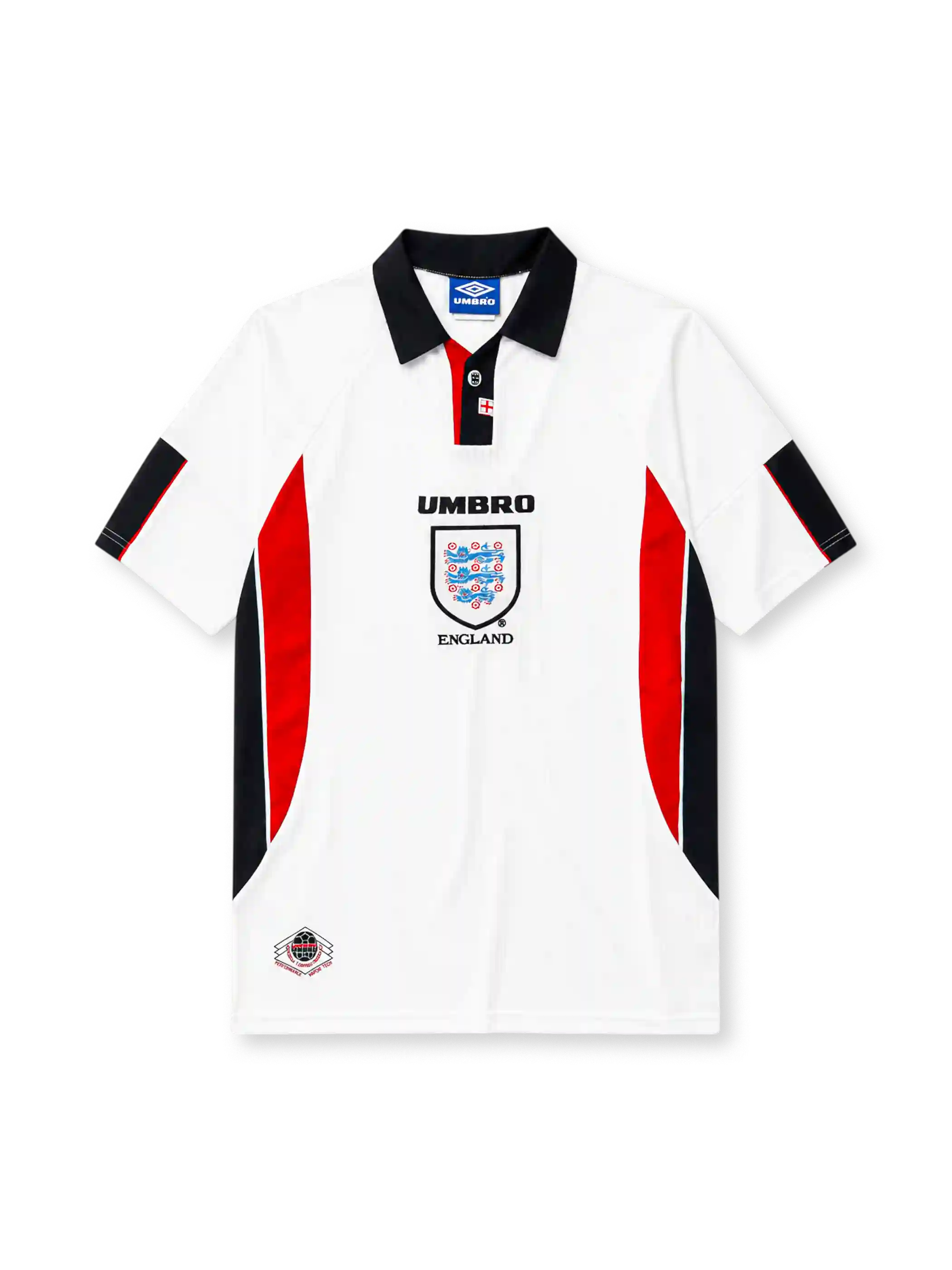 England 1998 home football shirt by Umbro with red and black side panels and Three Lions crest