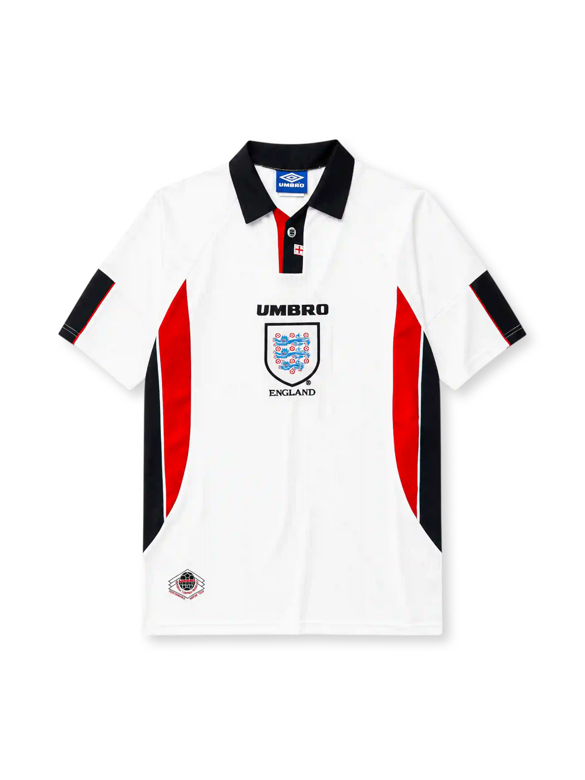 England 1998 home football shirt by Umbro with red and black side panels and Three Lions crest