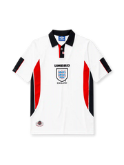 England 1998 home football shirt by Umbro with red and black side panels and Three Lions crest