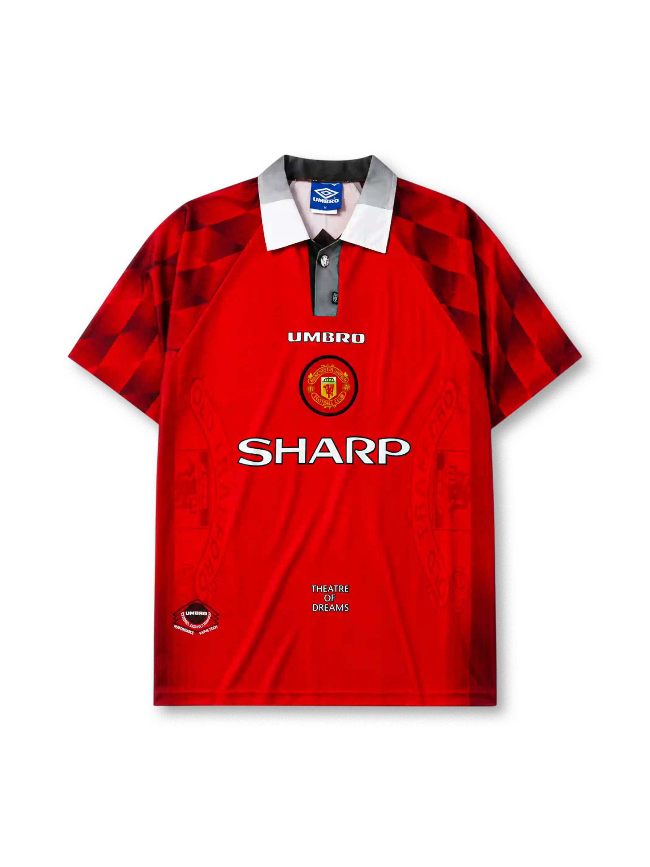 Manchester United 1996/97 home football shirt by Umbro with Sharp sponsor logo and Theatre of Dreams text