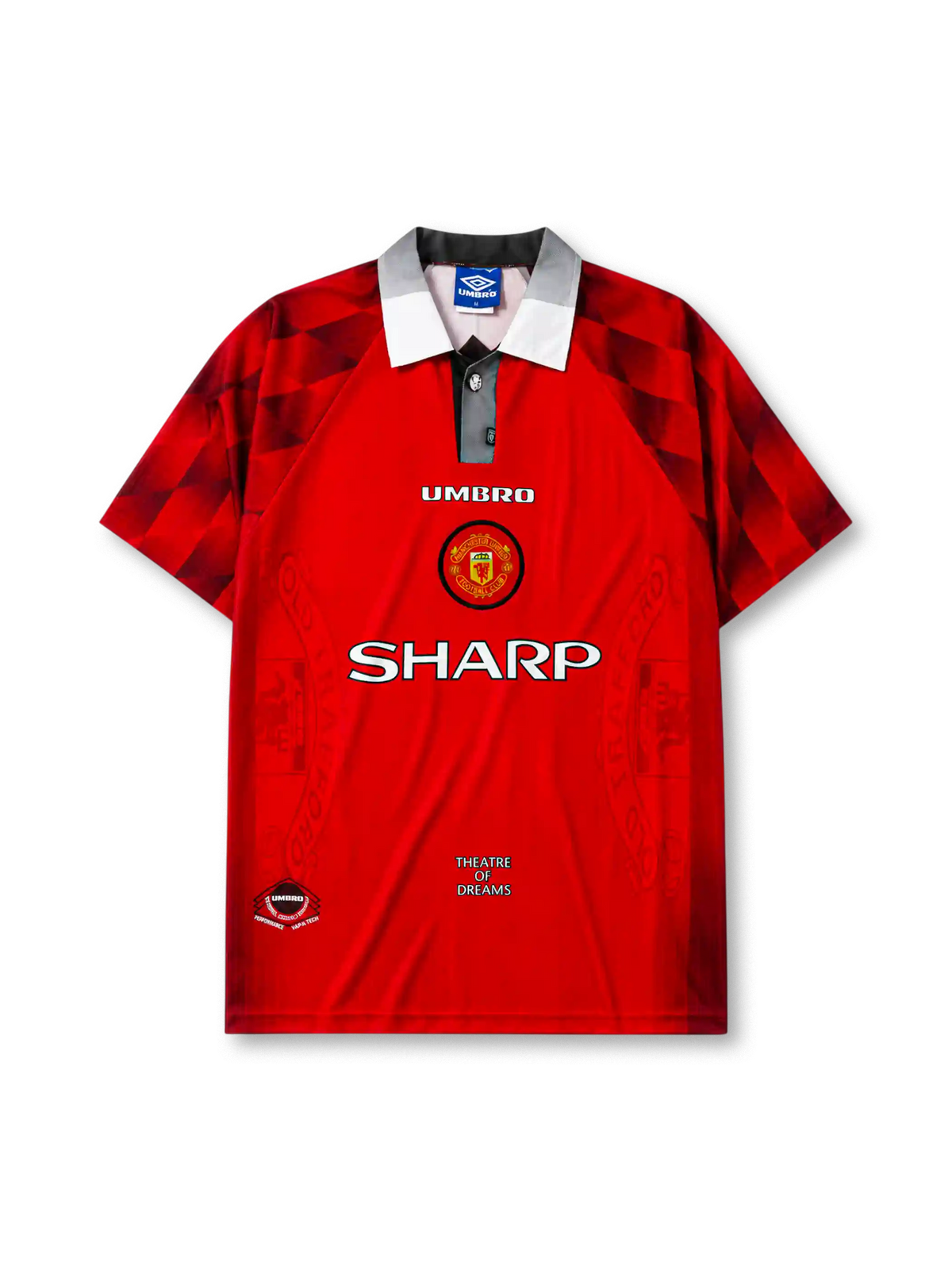 Manchester United 1996/97 home football shirt by Umbro with Sharp sponsor logo and Theatre of Dreams text
