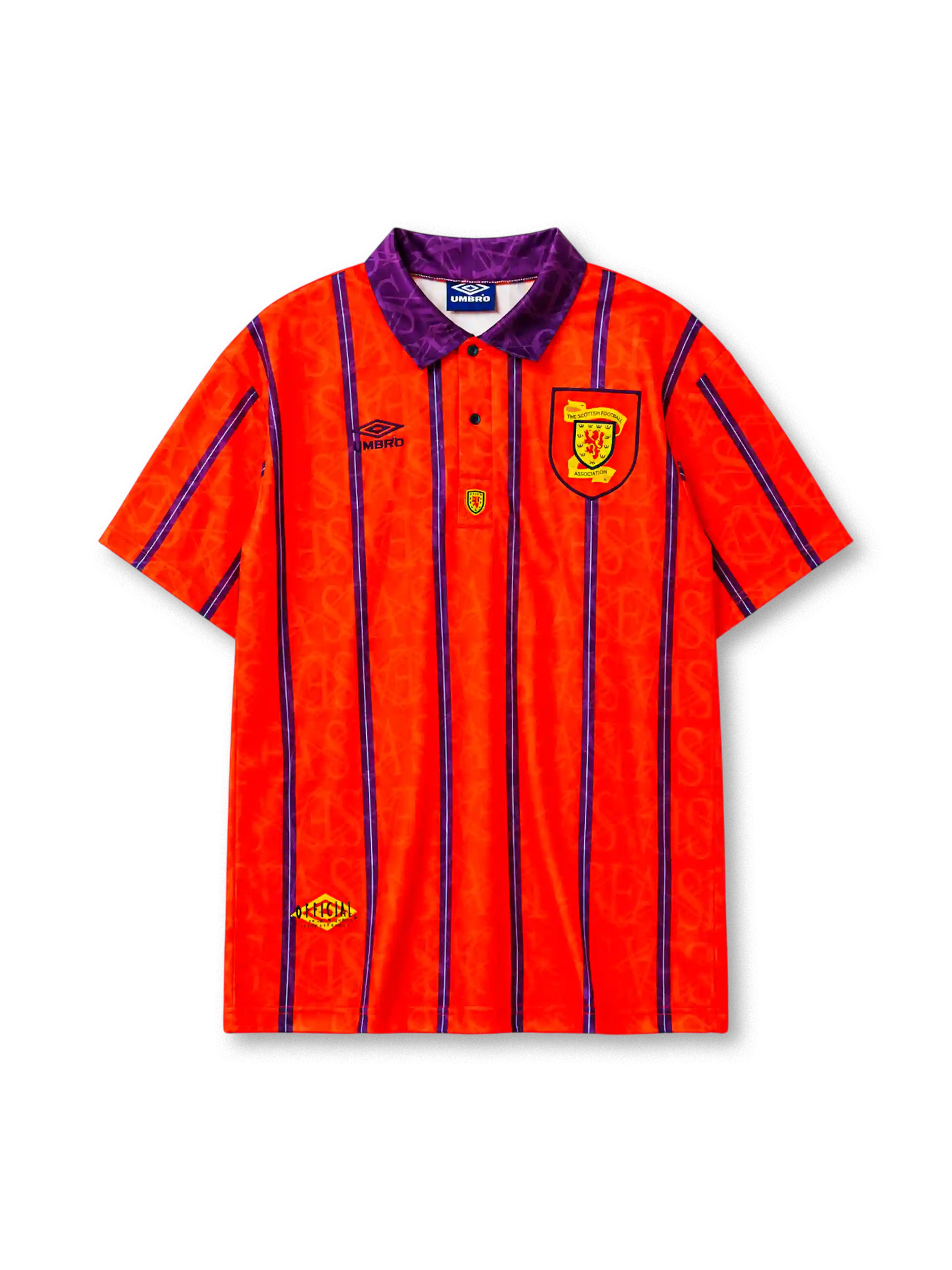 Scotland 1994 away football shirt by Umbro with orange and purple pinstripes and SFA crest
