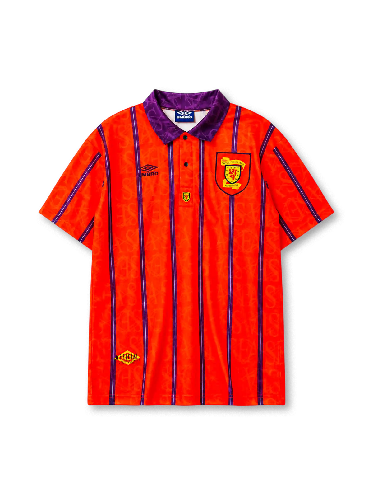 Scotland 1994 away football shirt by Umbro with orange and purple pinstripes and SFA crest