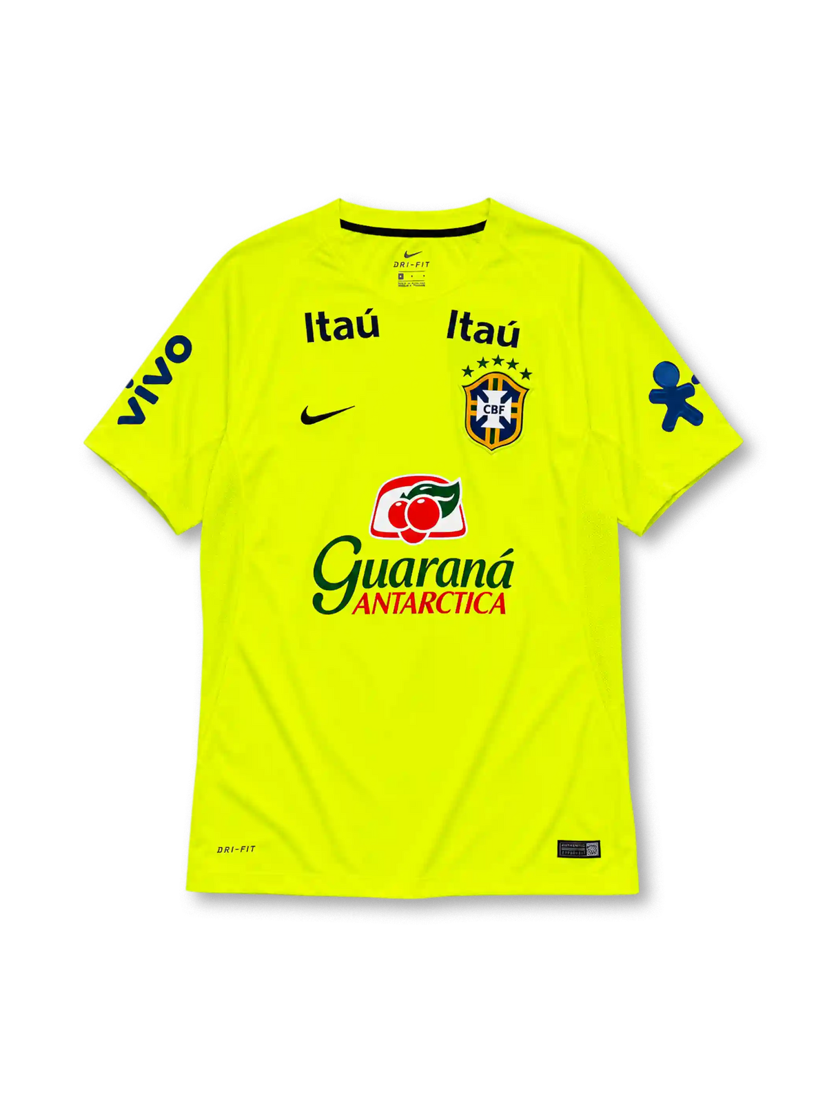 Brazil 2020 training football shirt by Nike in fluorescent yellow-green with multiple sponsor logos