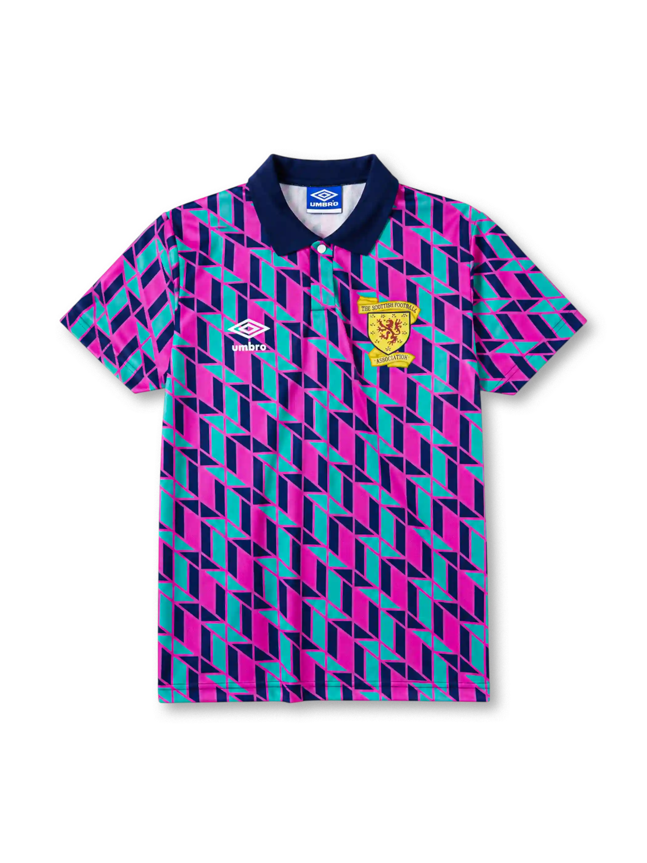 Scotland 1988/89 away football shirt by Umbro with pink and teal geometric diamond pattern and SFA crest