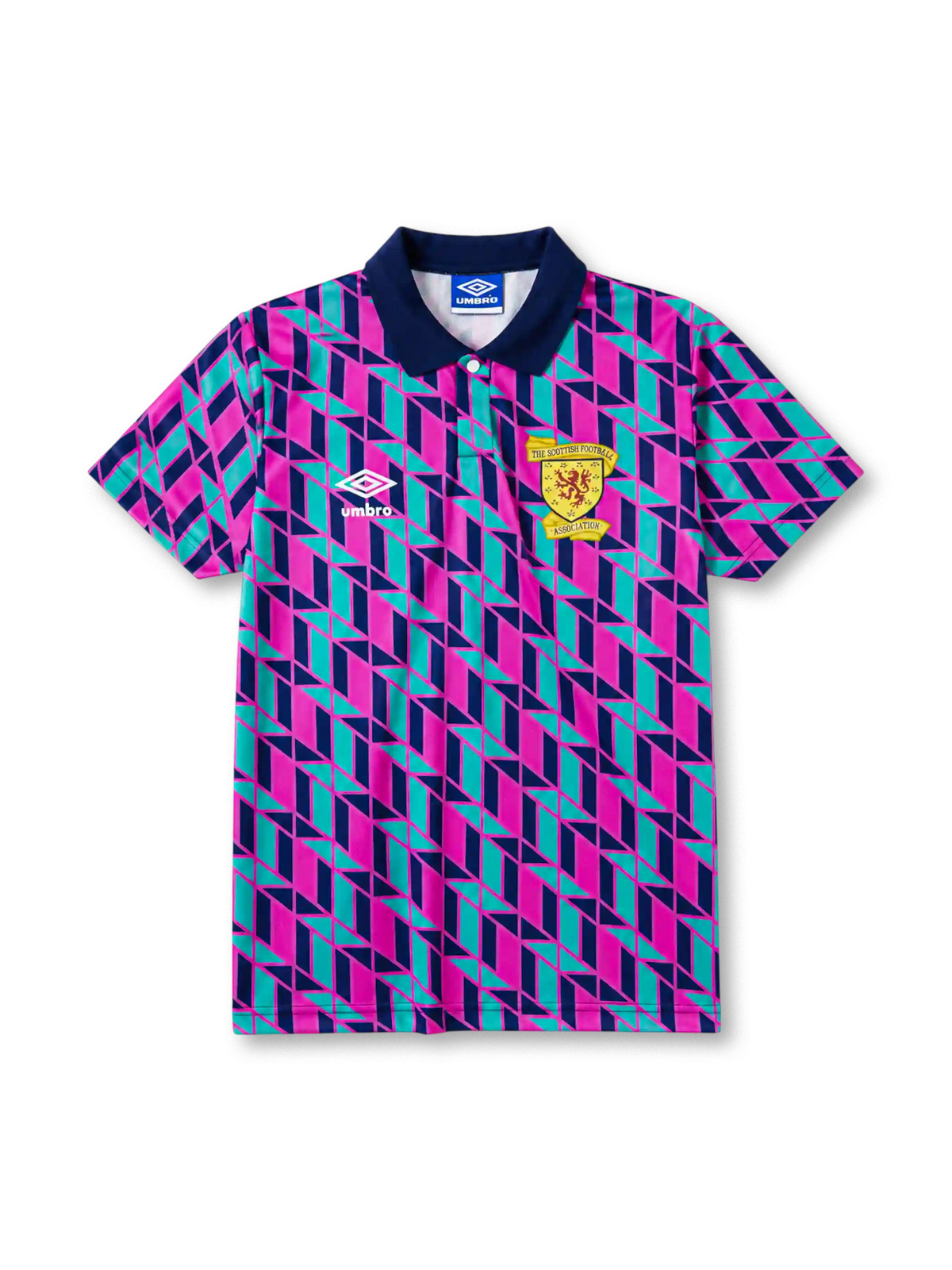 Scotland 1988/89 away football shirt by Umbro with pink and teal geometric diamond pattern and SFA crest