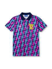 Scotland 1988/89 away football shirt by Umbro with pink and teal geometric diamond pattern and SFA crest