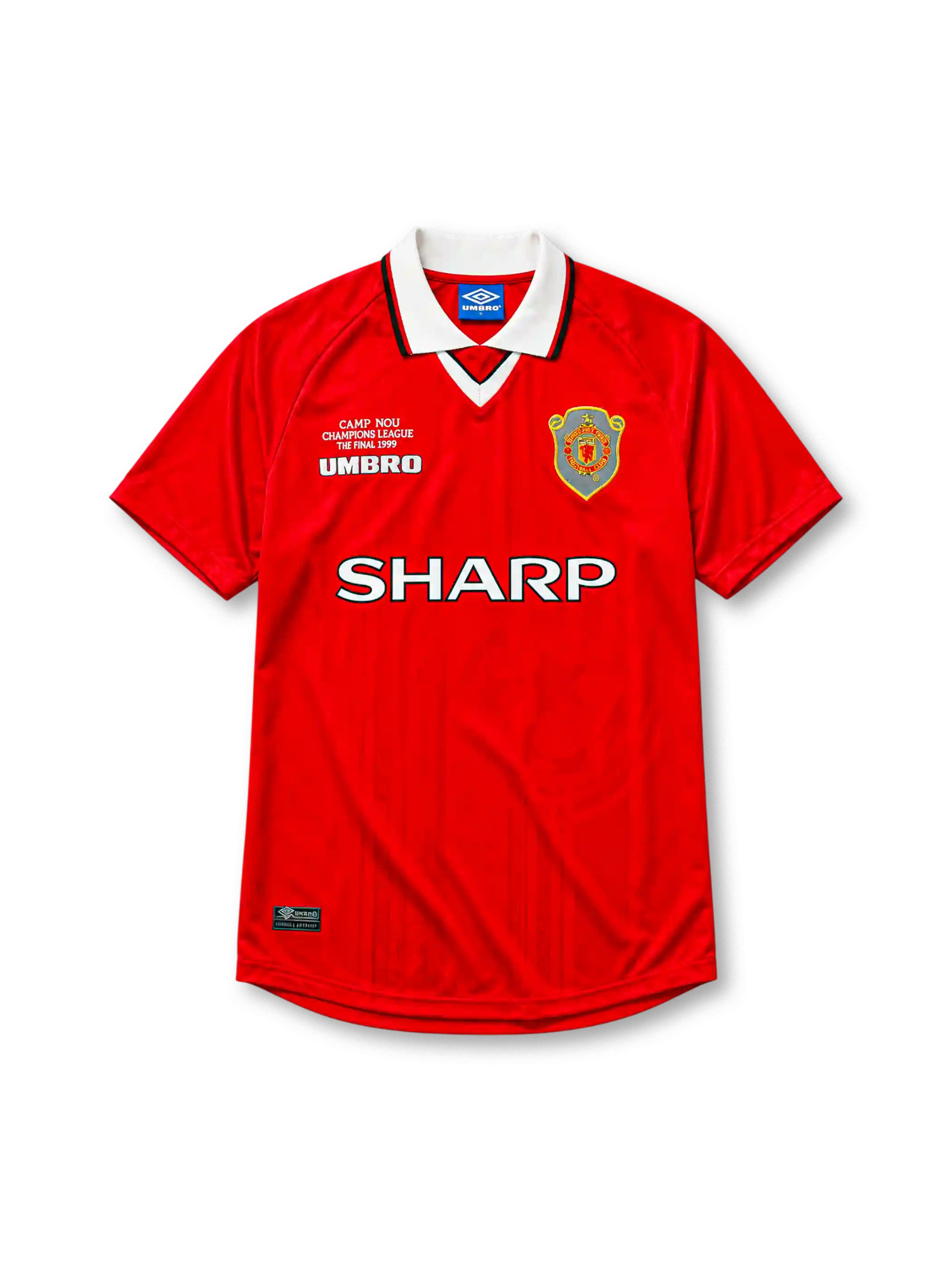 Manchester United 1999/00 home football shirt by Umbro with Camp Nou Champions League Final 1999 text