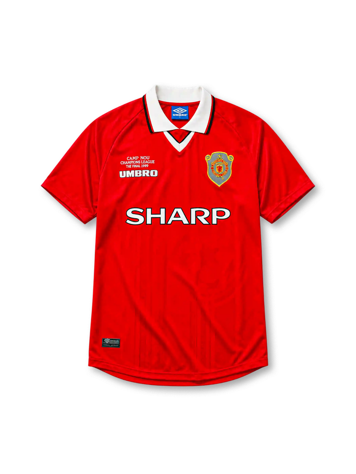 Manchester United 1999/00 home football shirt by Umbro with Camp Nou Champions League Final 1999 text