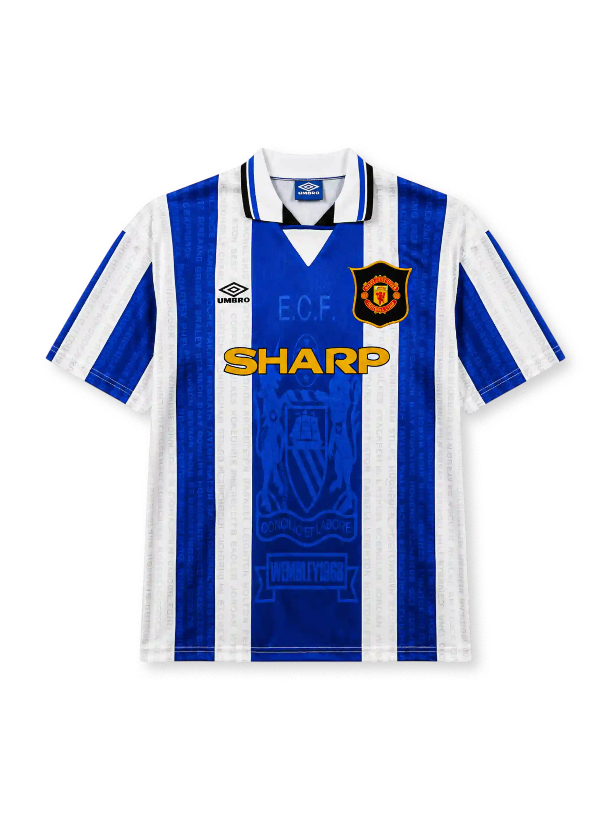Manchester United 1994/96 third football shirt by Umbro with blue and white stripes and Wembley 1968 text