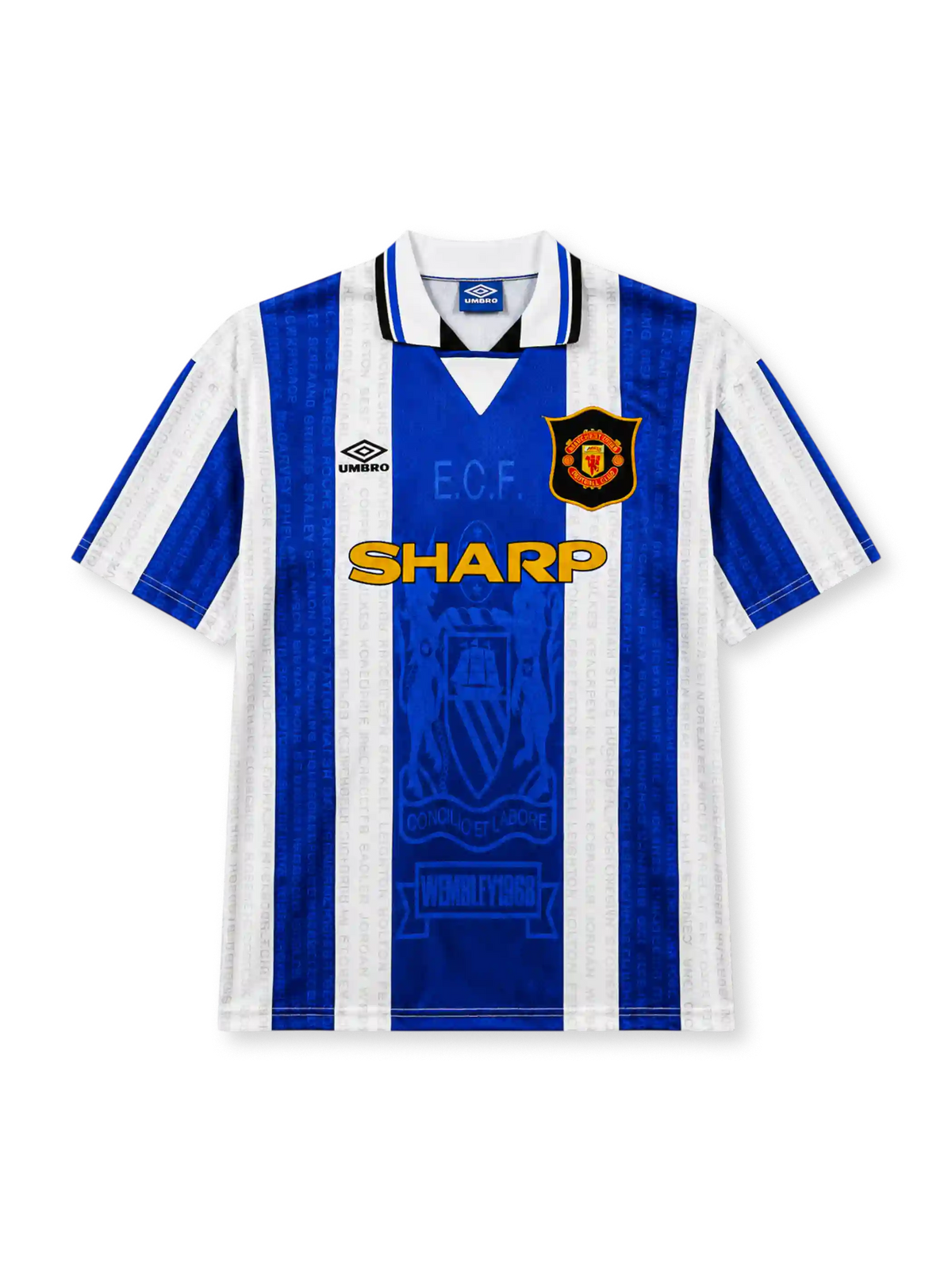 Manchester United 1994/96 third football shirt by Umbro with blue and white stripes and Wembley 1968 text