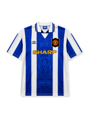 Manchester United 1994/96 third football shirt by Umbro with blue and white stripes and Wembley 1968 text