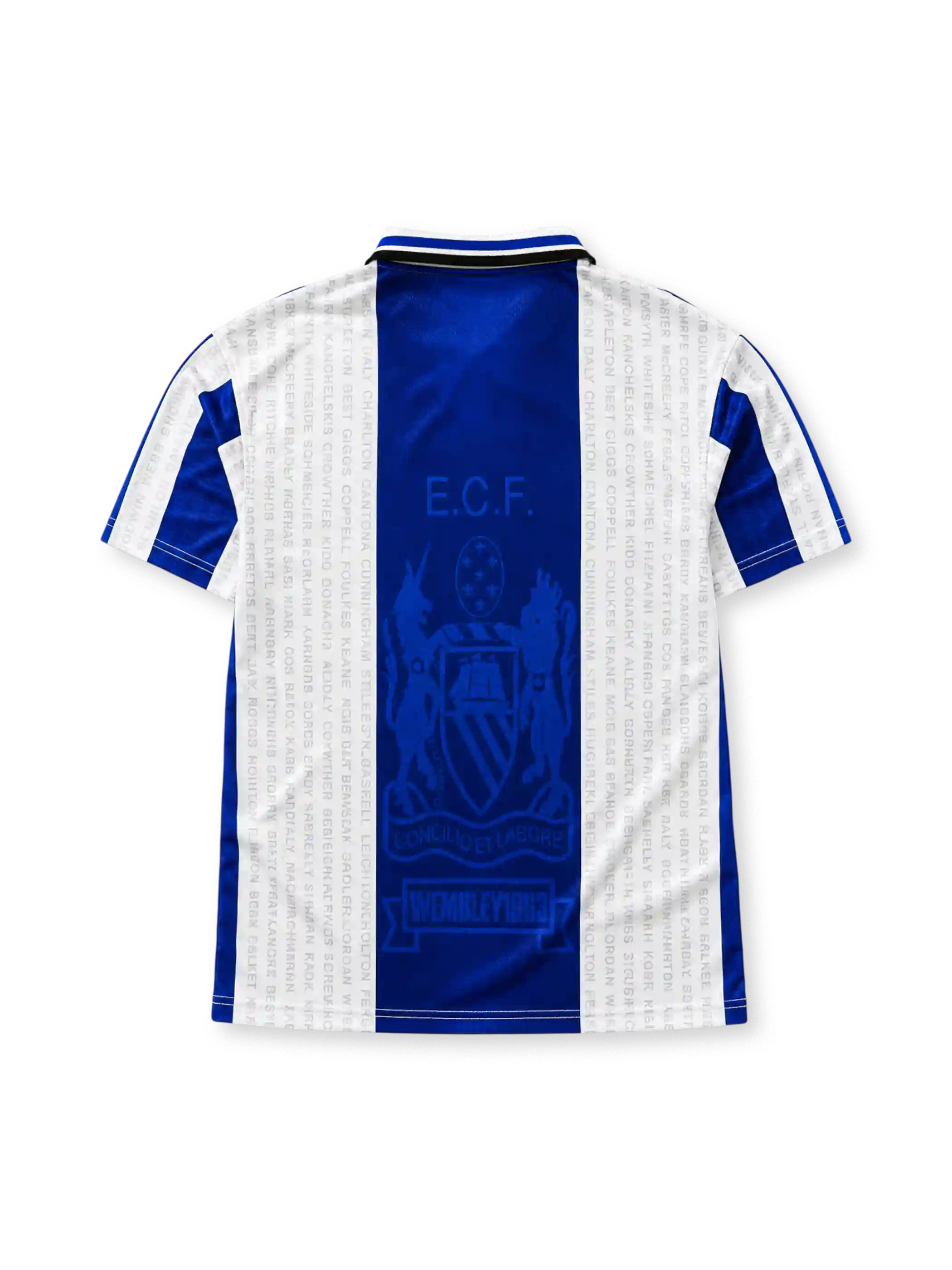Manchester United 1994/96 third football shirt by Umbro with blue and white stripes and Wembley 1968 text