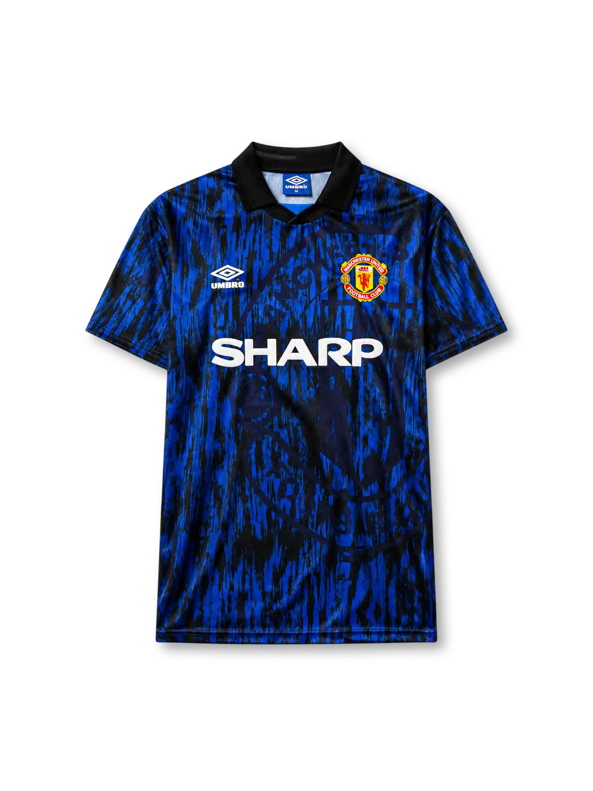 Manchester United 1992/93 away football shirt by Umbro with streaked blue and black print