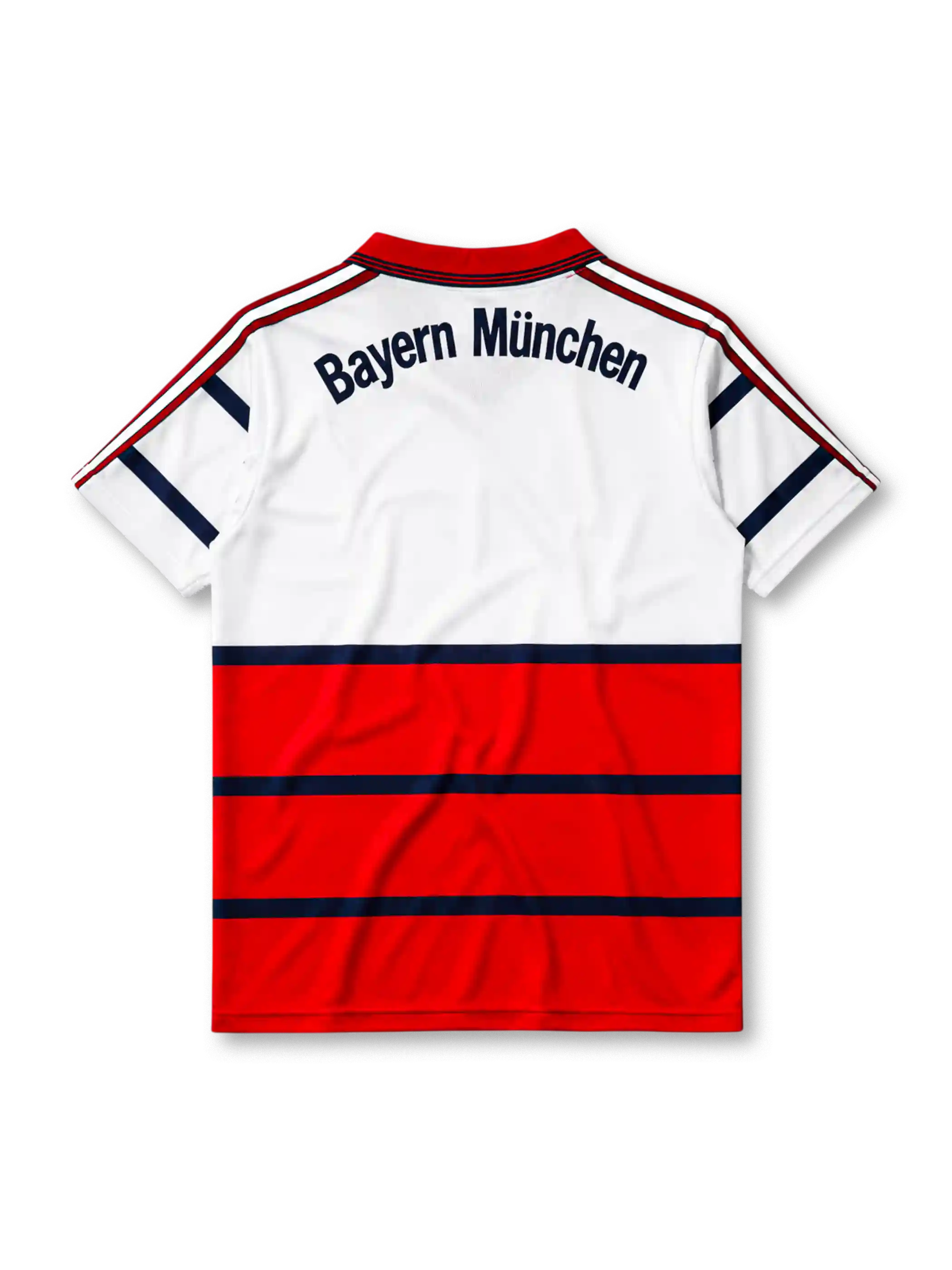 Bayern Munich 1998-2000 away jersey, front view, white upper body and red lower body with navy horizontal stripes, red V-neck collar, black adidas logo, FC Bayern Munchen crest, navy Opel sponsor logo, small tag near bottom hem