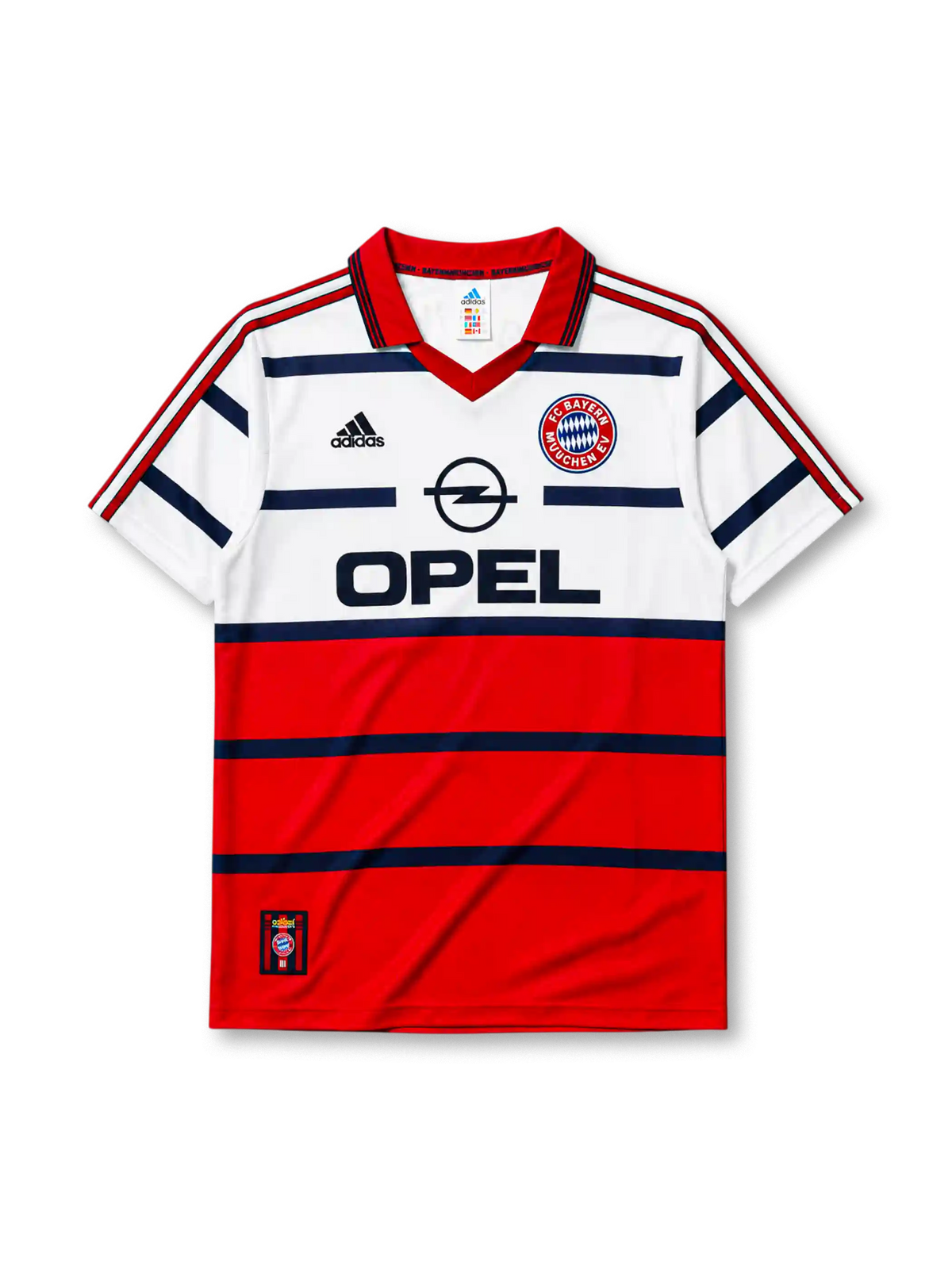 Bayern Munich 1998-2000 away jersey, front view, white upper body and red lower body with navy horizontal stripes, red V-neck collar, black adidas logo, FC Bayern Munchen crest, navy Opel sponsor logo, small tag near bottom hem