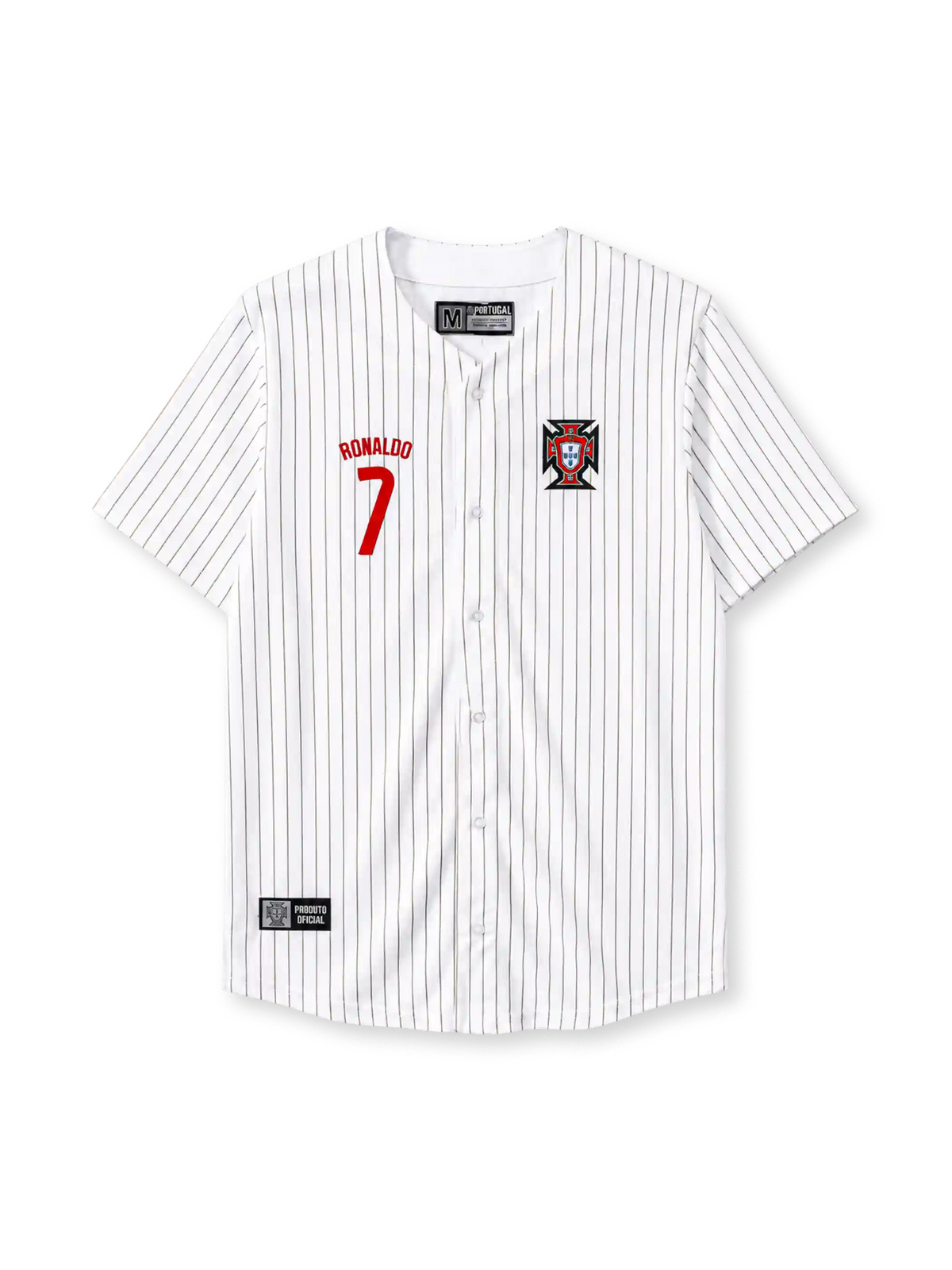 Portugal 2025 white pinstripe baseball jersey with Ronaldo name and number and federation crest