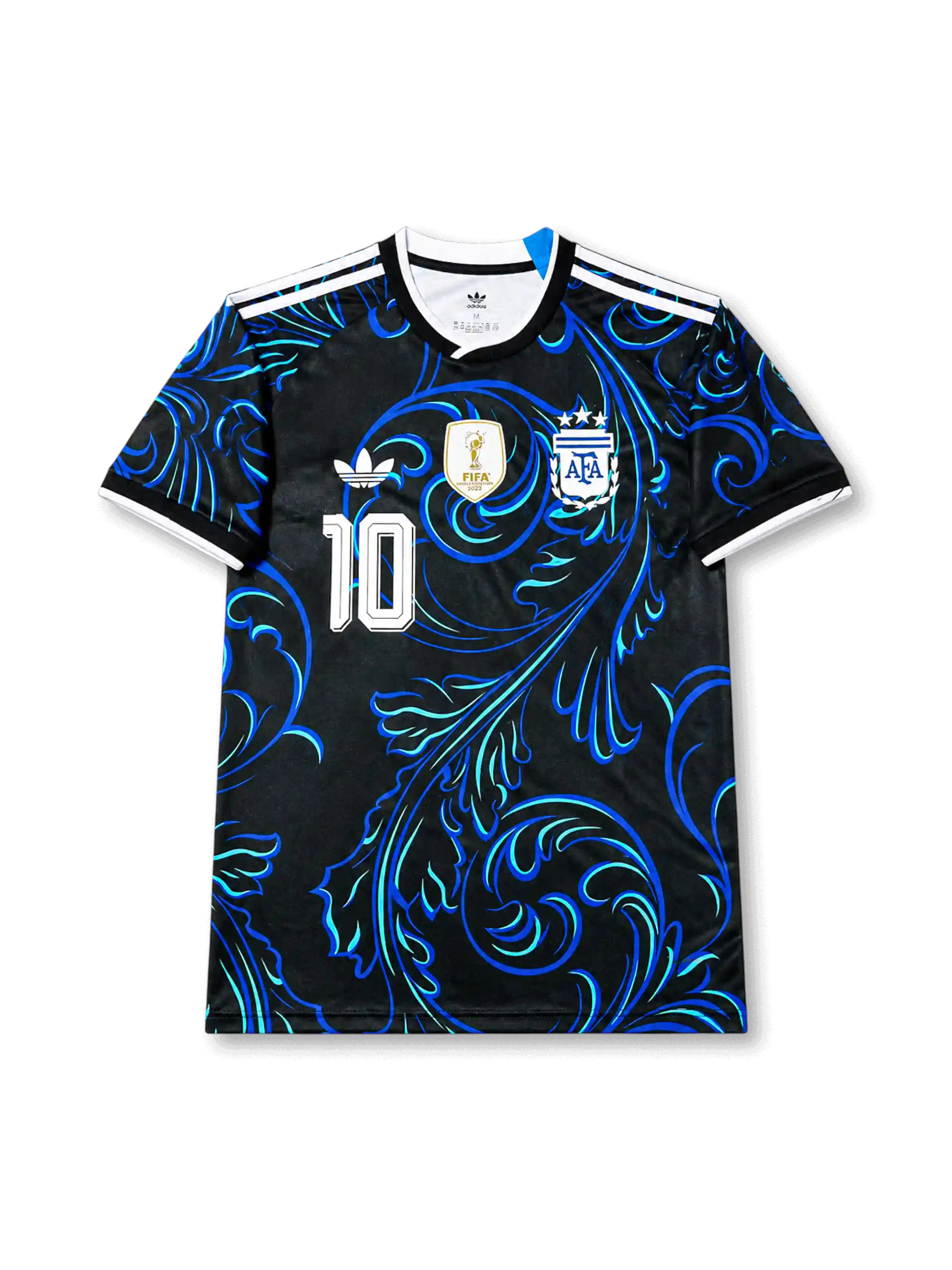 Front view of Argentina 2026 away shirt with Lionel Messi #10, Trefoil logo, AFA crest, and FIFA World Champions 2022 badge.