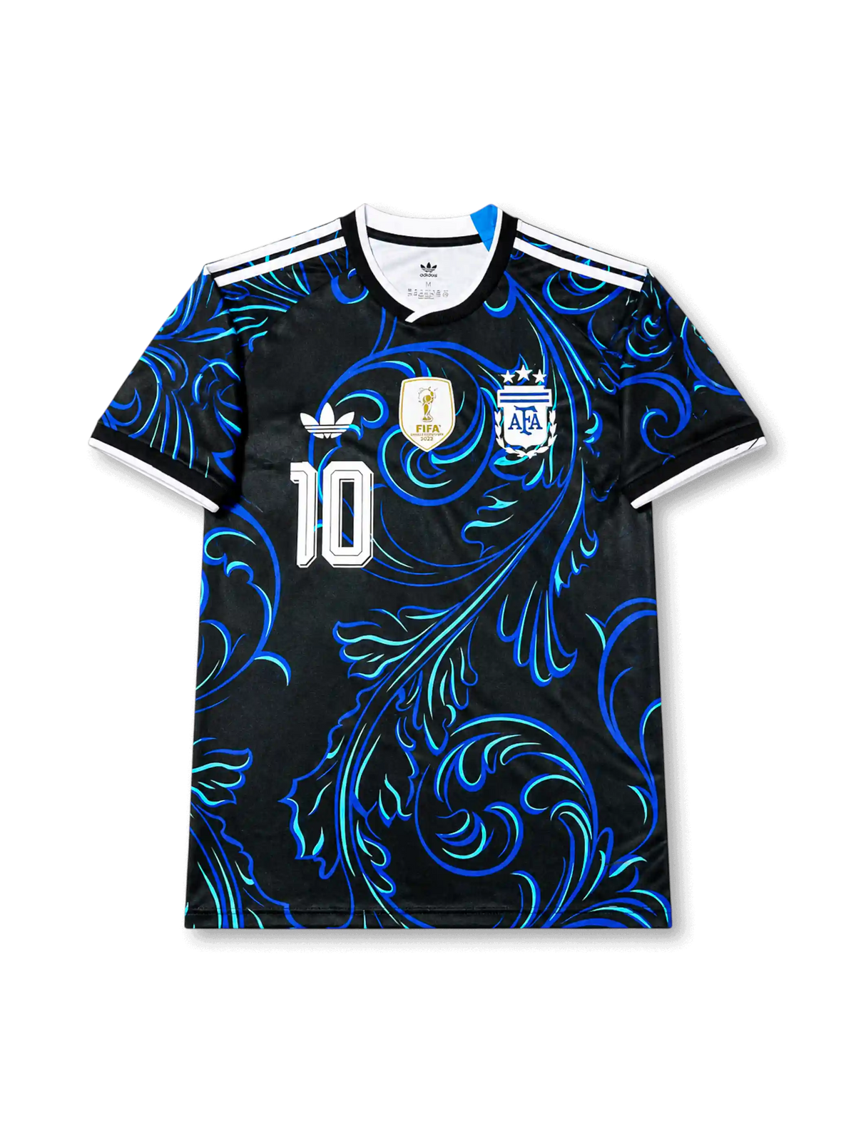 Front view of Argentina 2026 away shirt with Lionel Messi #10, Trefoil logo, AFA crest, and FIFA World Champions 2022 badge.
