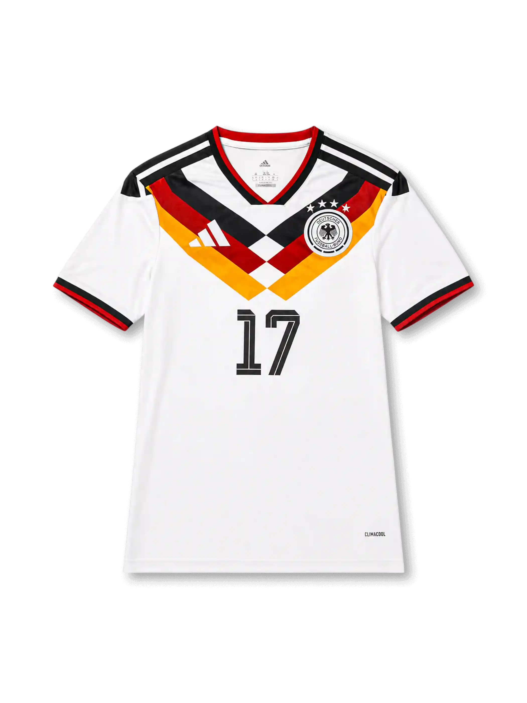 Front view of Germany 2026 home shirt with Florian Wirtz #17, DFB crest with four stars, and black-red-gold chest graphic.