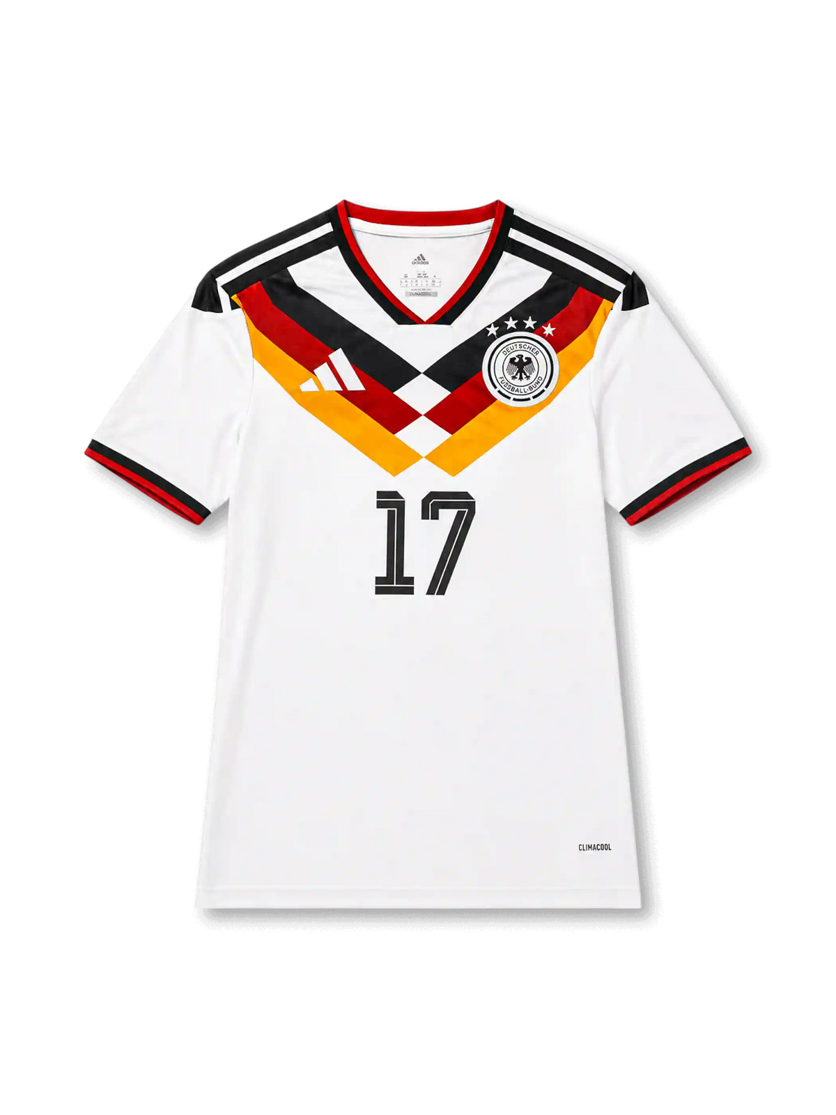Front view of Germany 2026 home shirt with Florian Wirtz #17, DFB crest with four stars, and black-red-gold chest graphic.