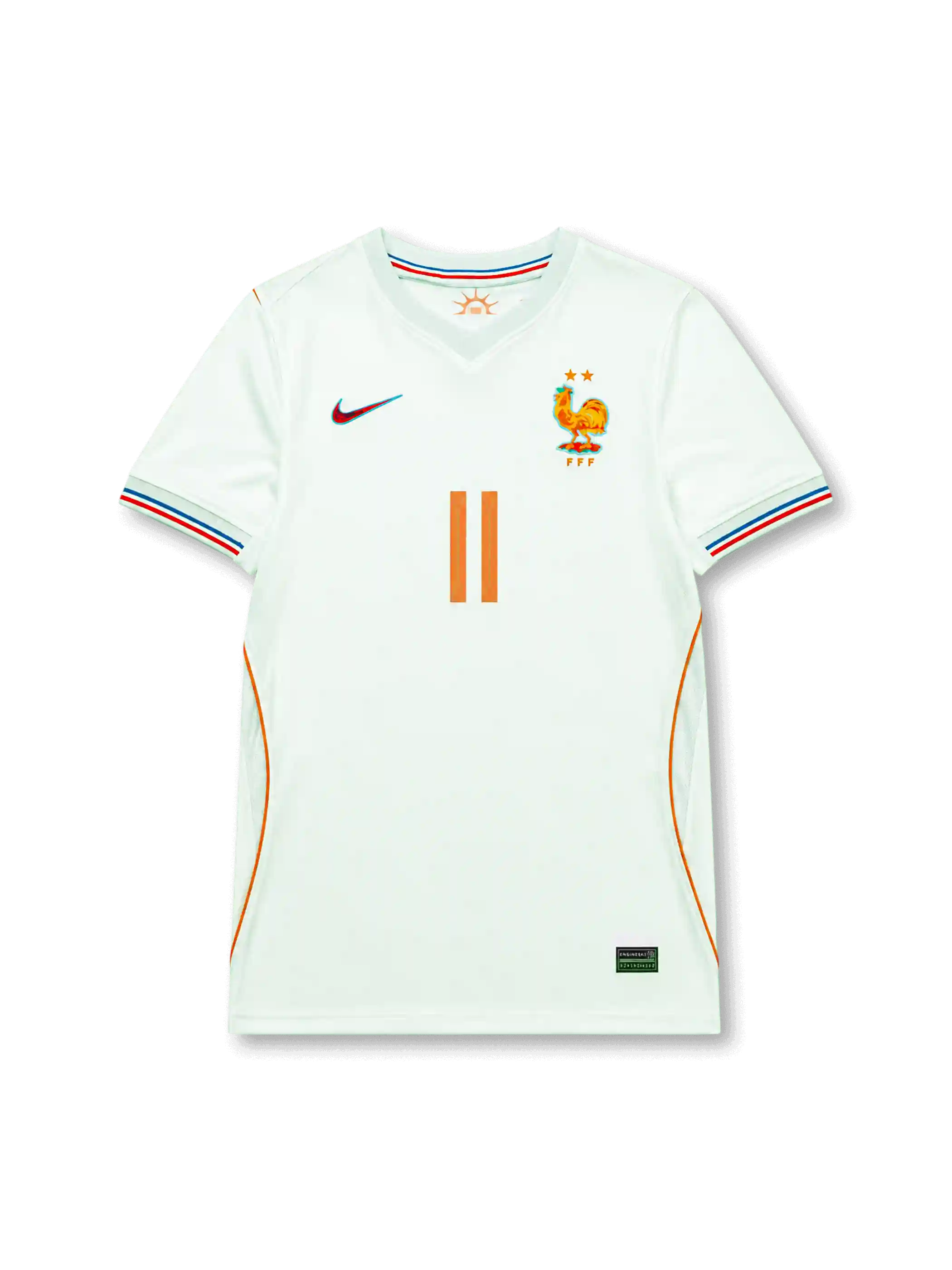 Front view of France 2026 away shirt with Michael Olise #11, FFF crest with two stars, and orange front number.