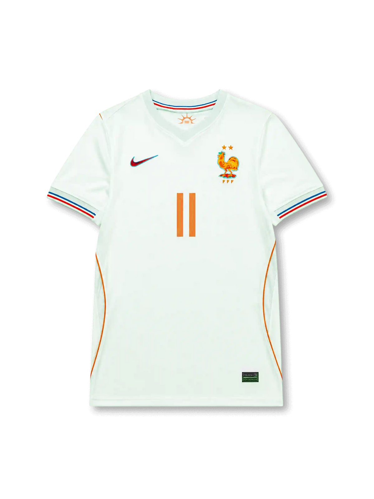 Front view of France 2026 away shirt with Michael Olise #11, FFF crest with two stars, and orange front number.
