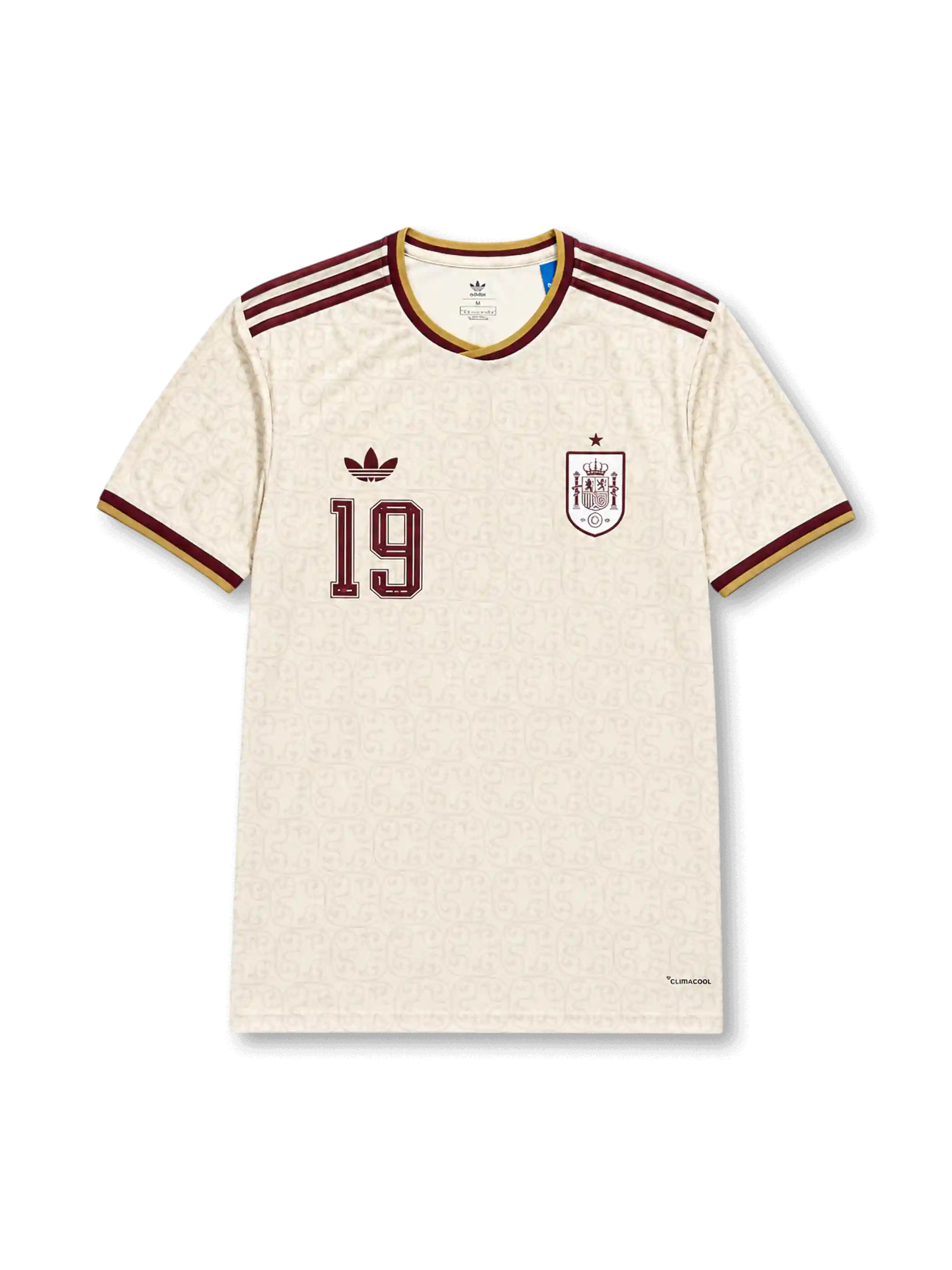 Front view of Spain 2026 away shirt with Lamine Yamal #19, Trefoil logo, Spain crest, and tonal patterned body.