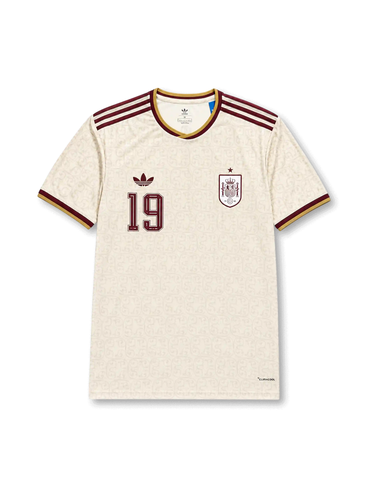 Front view of Spain 2026 away shirt with Lamine Yamal #19, Trefoil logo, Spain crest, and tonal patterned body.