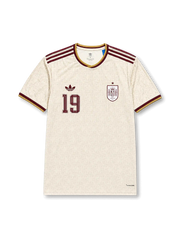 Front view of Spain 2026 away shirt with Lamine Yamal #19, Trefoil logo, Spain crest, and tonal patterned body.
