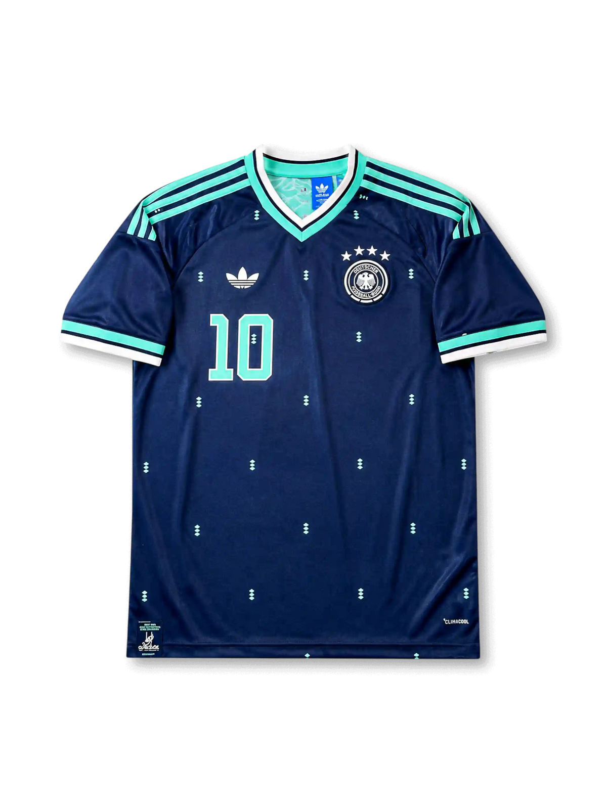 Front view of Germany 2026 away shirt with Jamal Musiala #10, DFB crest with four stars, and Trefoil logo.