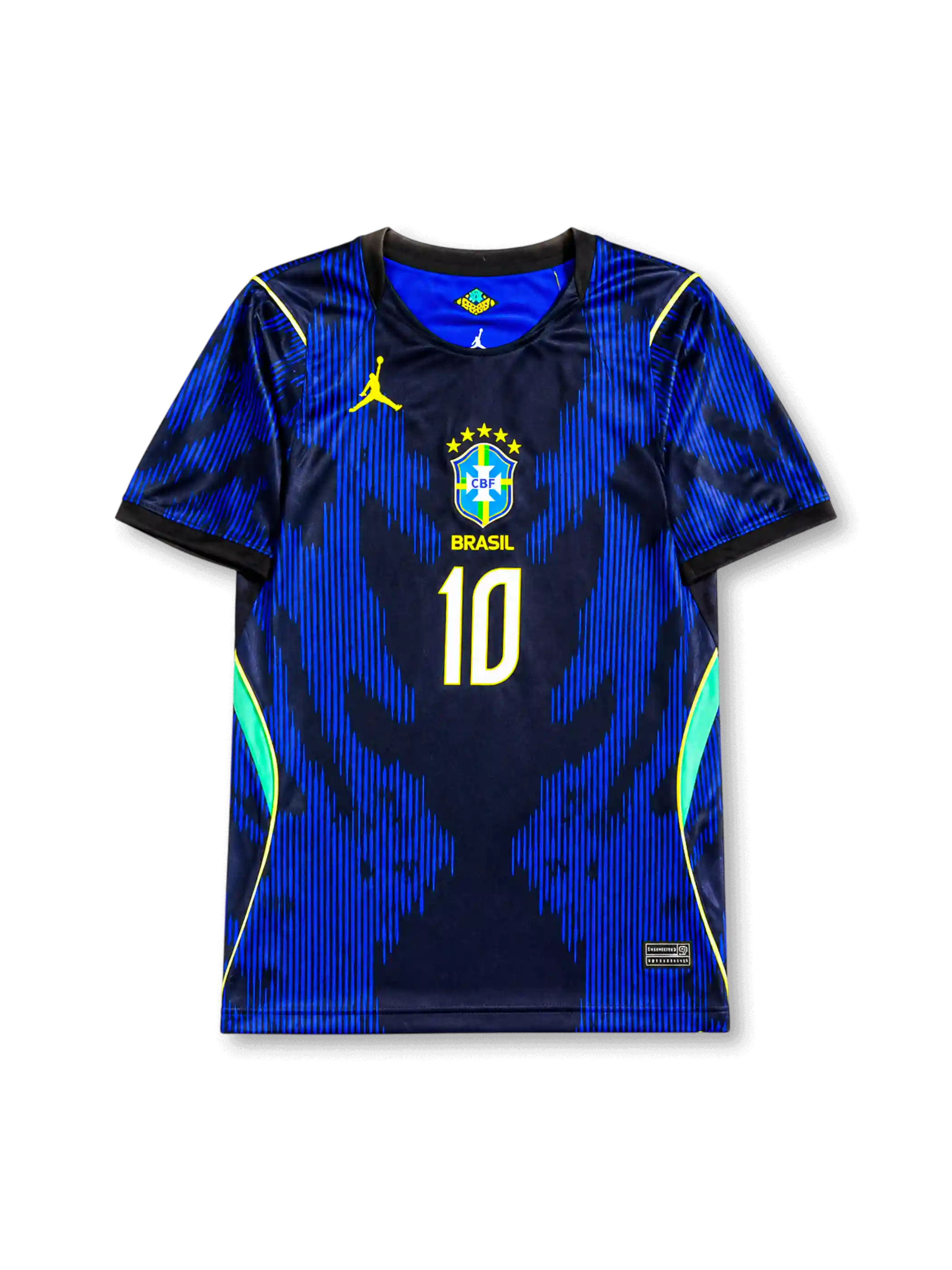 Front view of Brazil 2026 away shirt with Neymar Jr #10, CBF crest with five stars, and Jumpman logo.