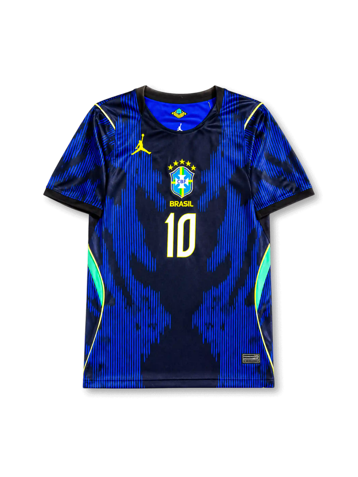 Front view of Brazil 2026 away shirt with Neymar Jr #10, CBF crest with five stars, and Jumpman logo.