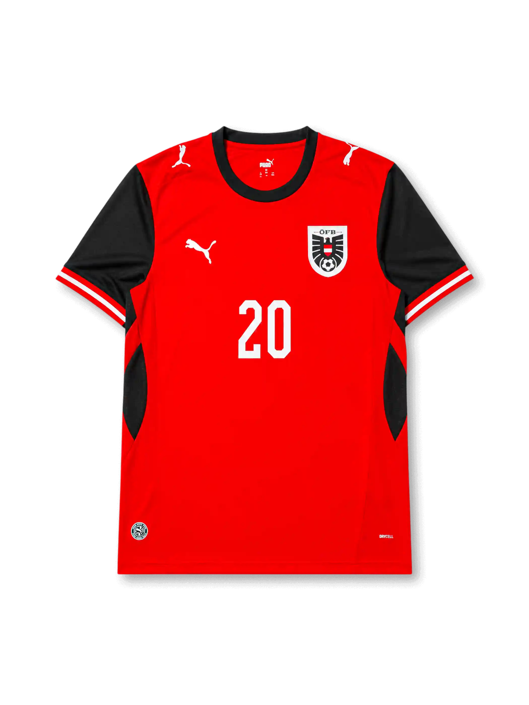 Front view of Austria 2026 home shirt with Konrad Laimer #20, ÖFB crest, and red-and-black design.
