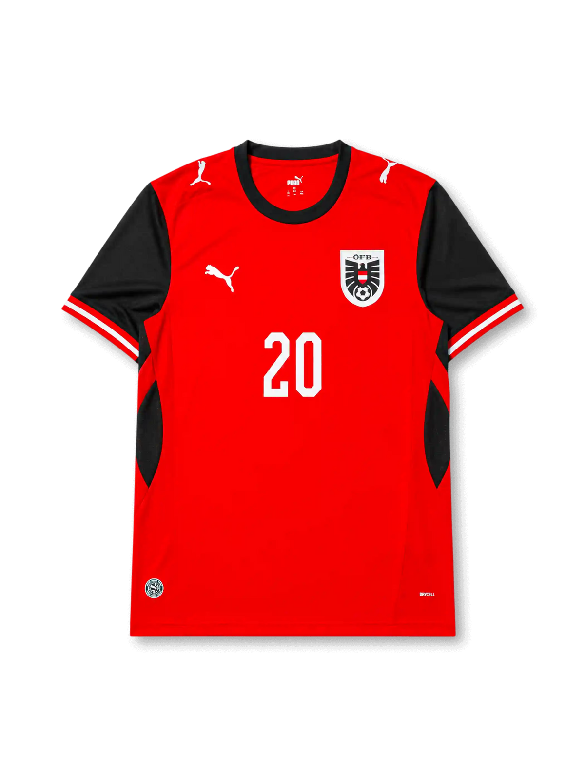 Front view of Austria 2026 home shirt with Konrad Laimer #20, ÖFB crest, and red-and-black design.