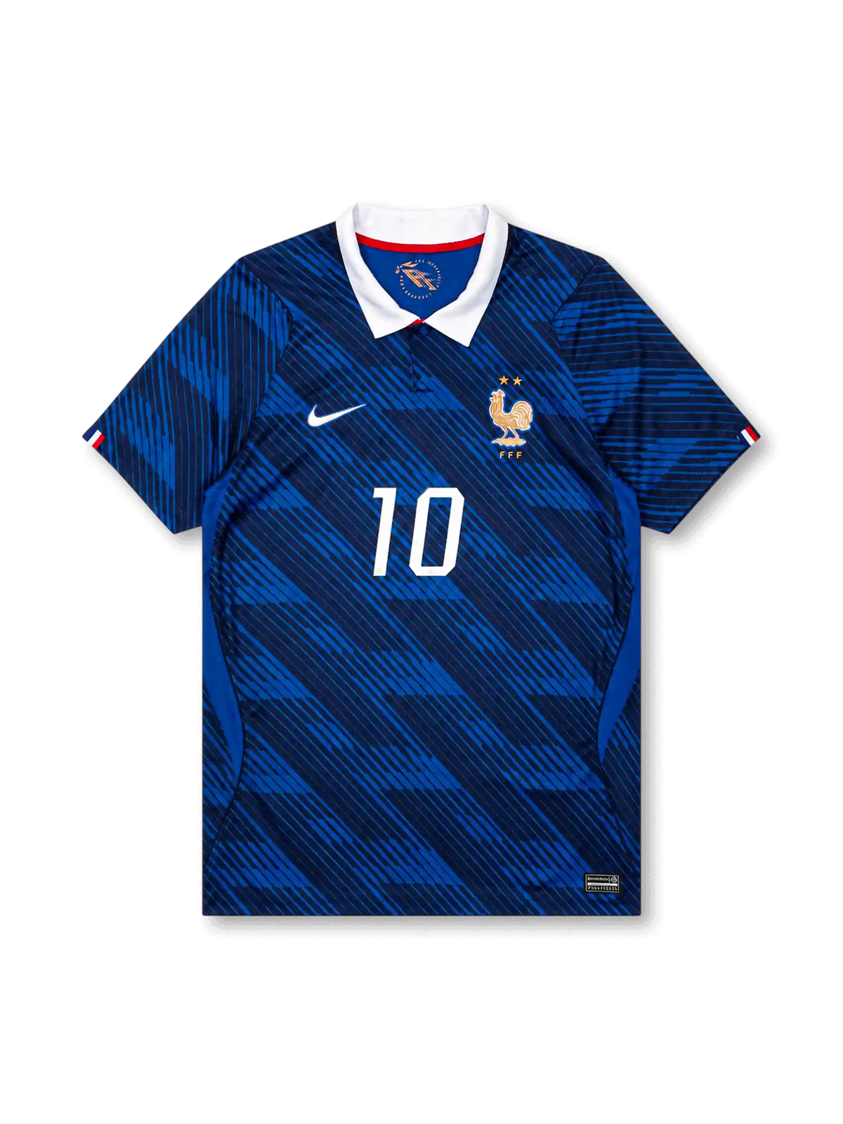 Front view of France 2026 home shirt with Kylian Mbappé #10, FFF crest with two stars, and white fold-over collar.