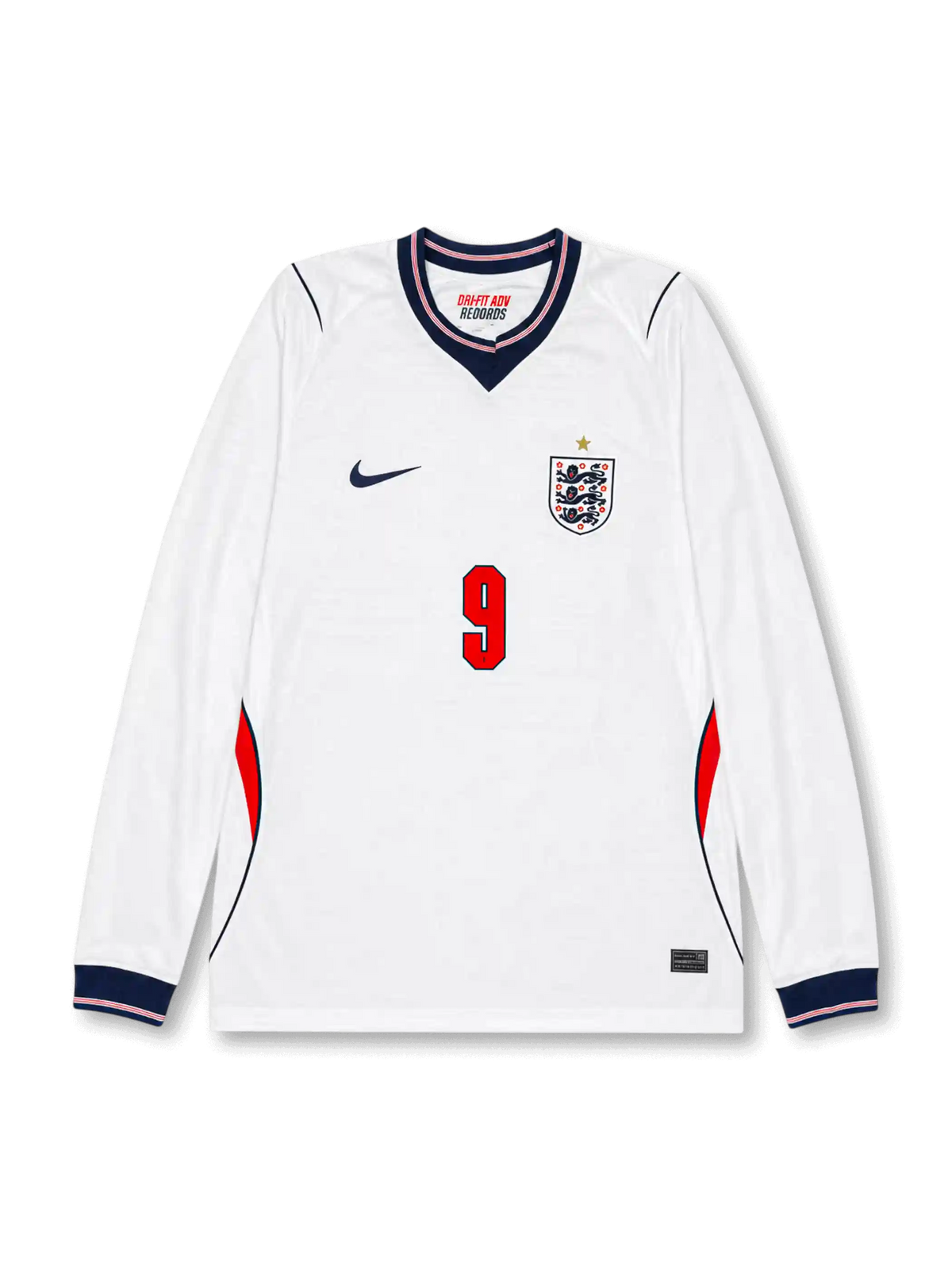 Front view of England 2026 home long sleeve shirt with Harry Kane #9, England crest with one star, and navy V-neck collar.