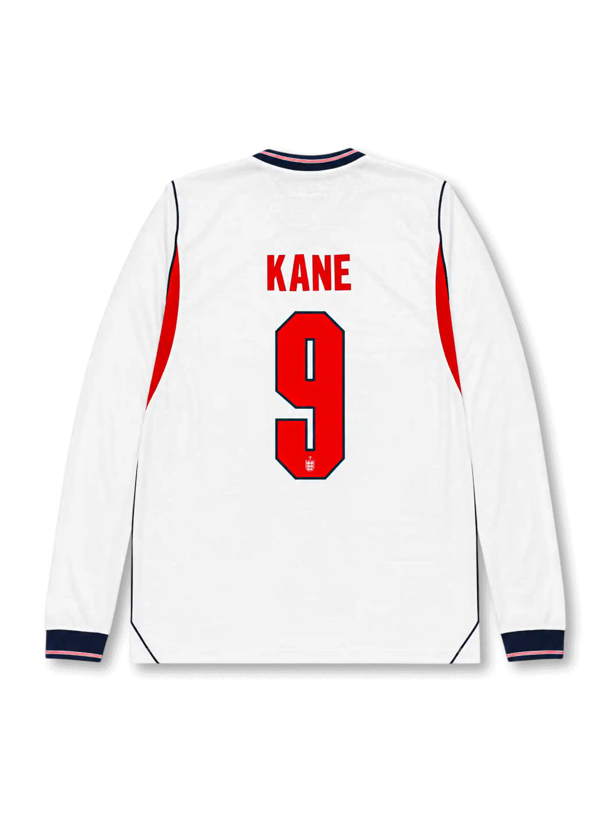 Back view of England 2026 home long sleeve shirt with KANE name-set and number 9.
