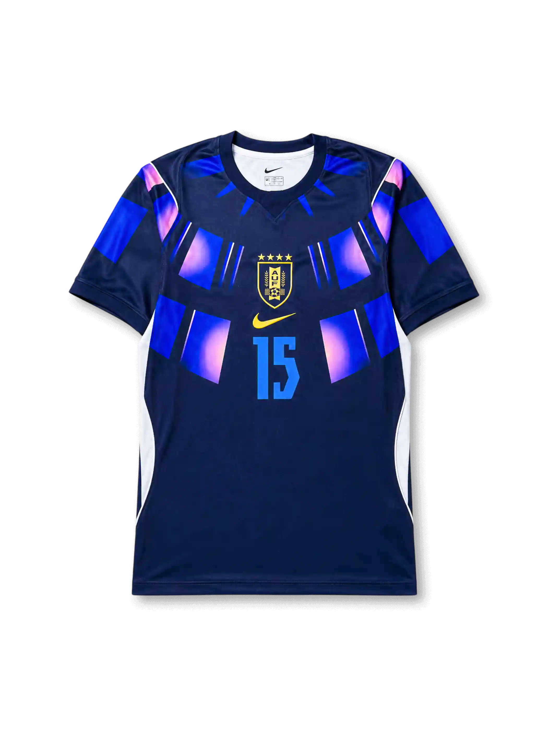 Front view of Uruguay 2026 away shirt with Federico Valverde #15, AUF crest with four stars, and geometric shoulder graphics.