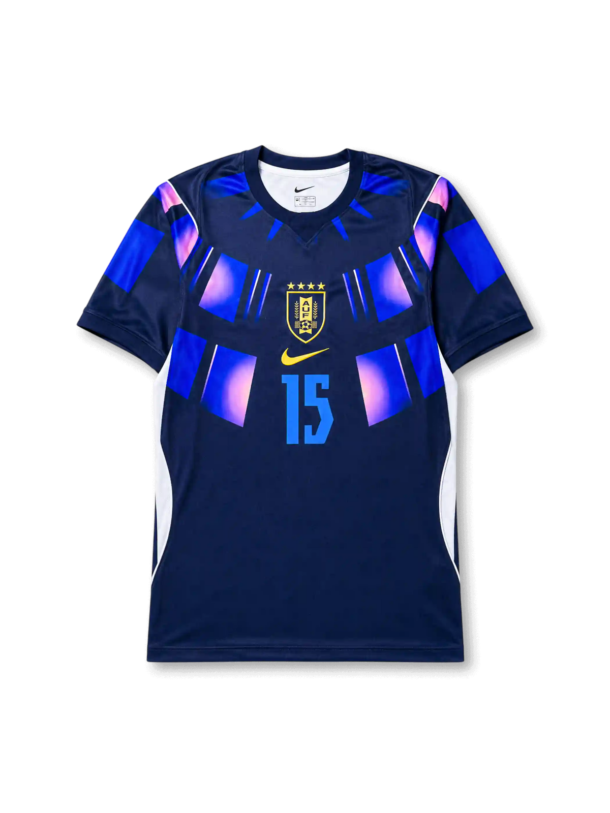Front view of Uruguay 2026 away shirt with Federico Valverde #15, AUF crest with four stars, and geometric shoulder graphics.