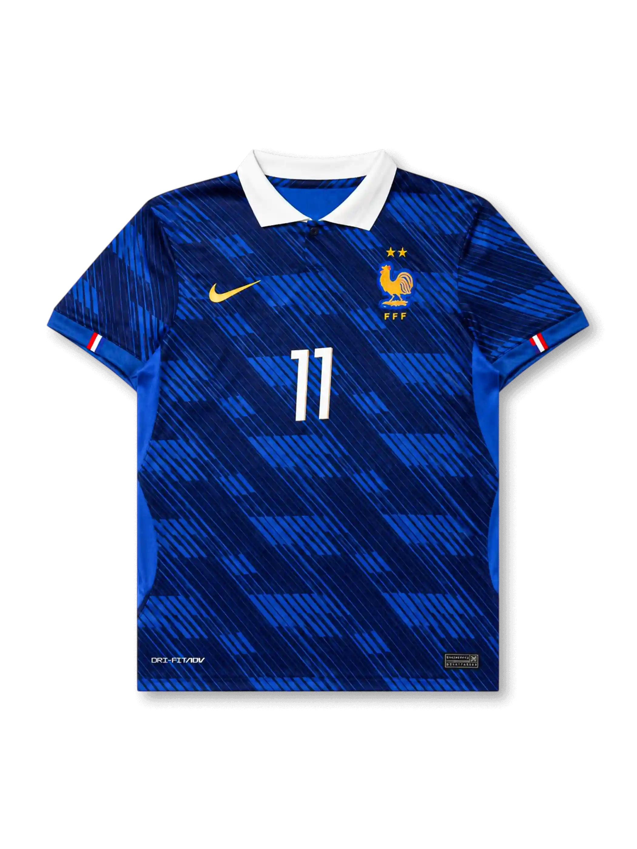 Front view of France 2026 home shirt for Michael Olise #11 with FFF crest, white fold-over collar, and tonal blue graphic pattern.