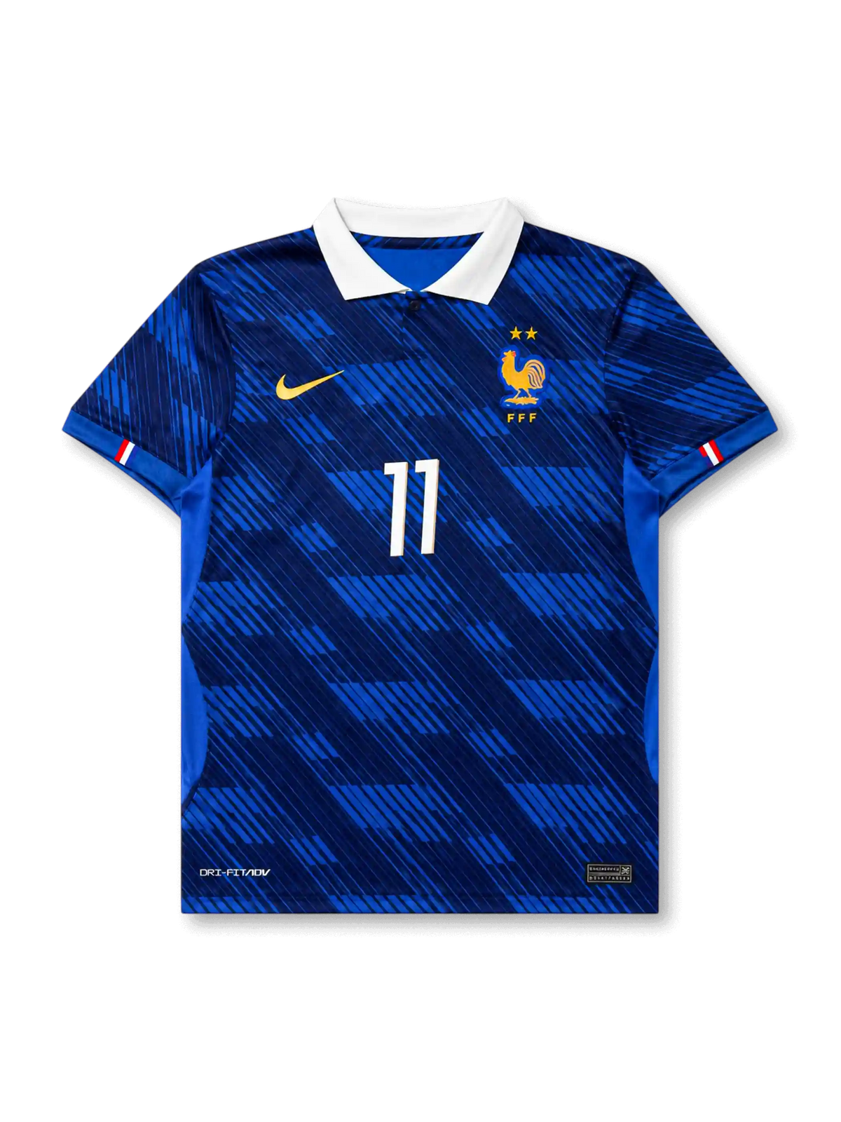 Front view of France 2026 home shirt for Michael Olise #11 with FFF crest, white fold-over collar, and tonal blue graphic pattern.